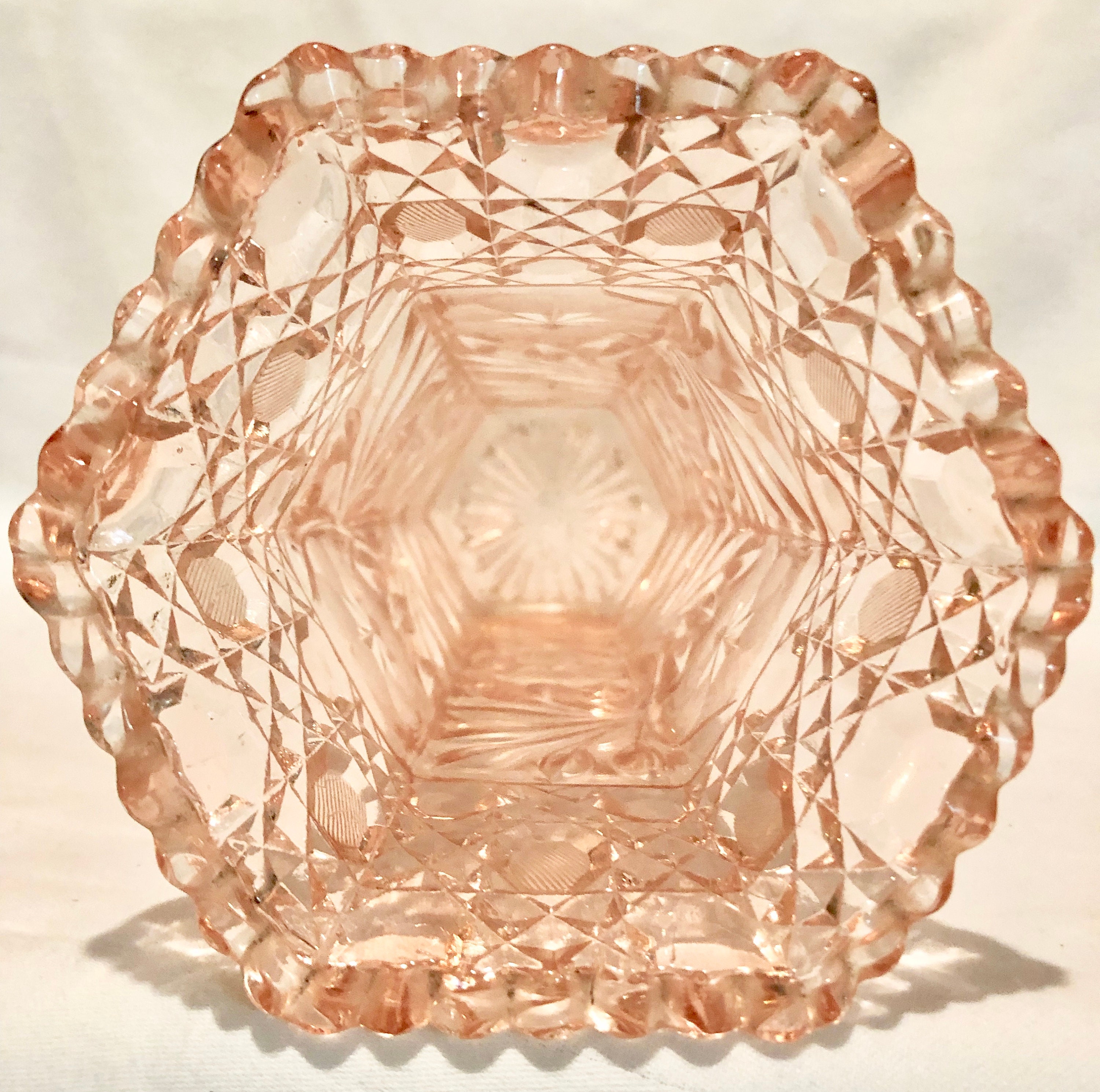 Blush Pink Depression Cut Glass Vase with Floral/Tic Tac Toe Pattern