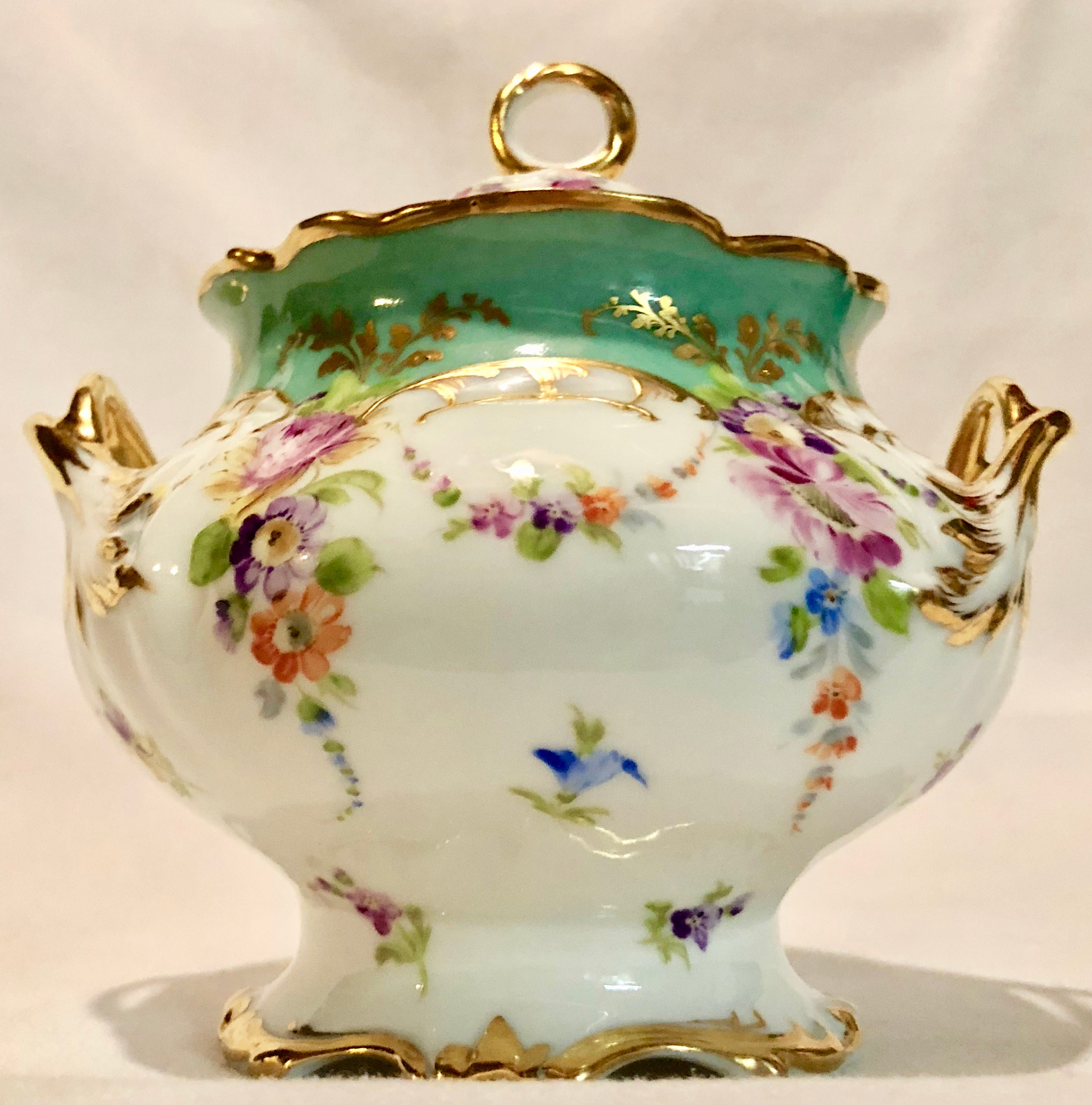 Dresden Germany Porcelain Covered Pot with Hand Painted Green/Gold