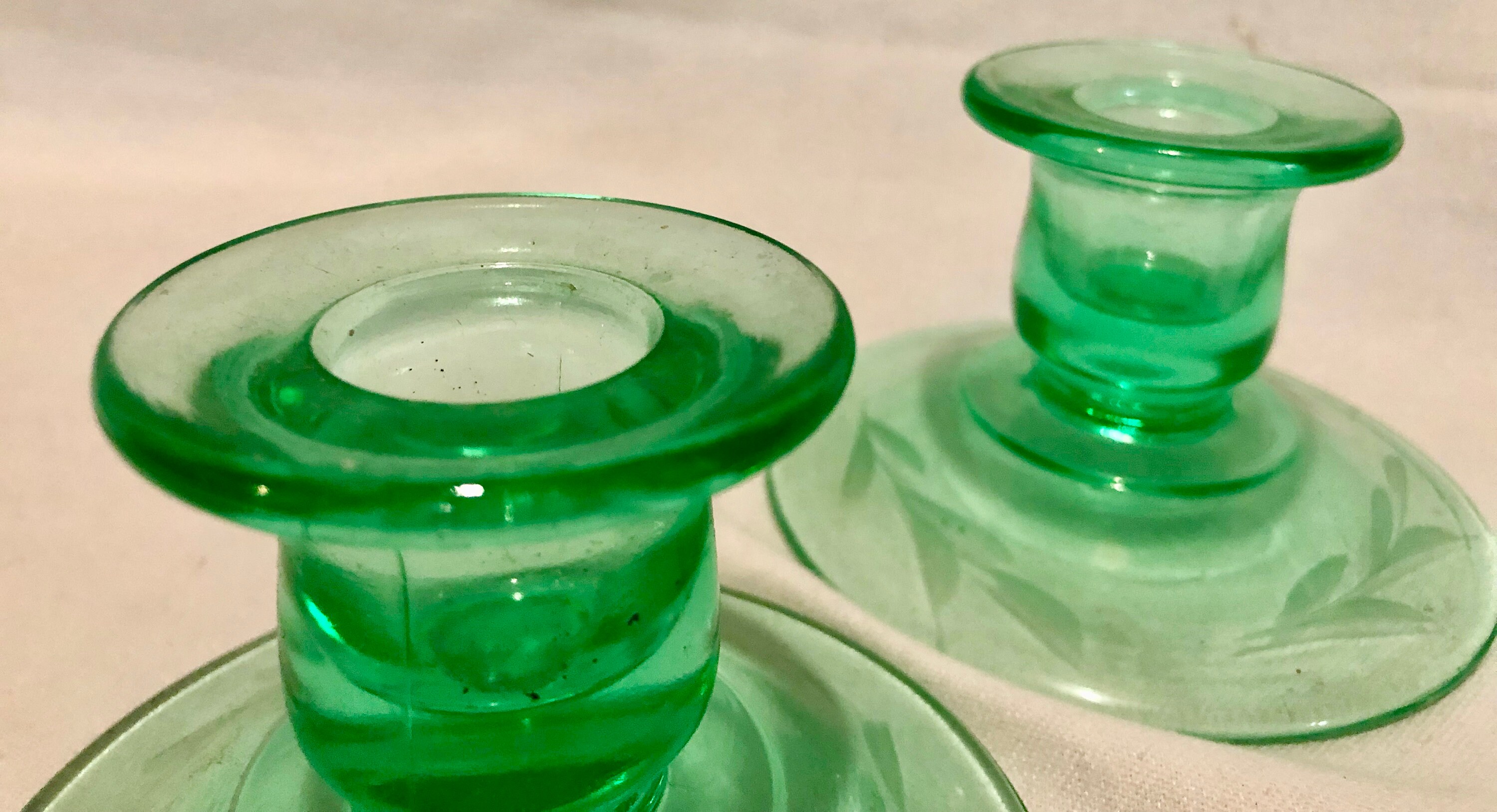 Green Depression Glass Candlestick Holders Set of Two