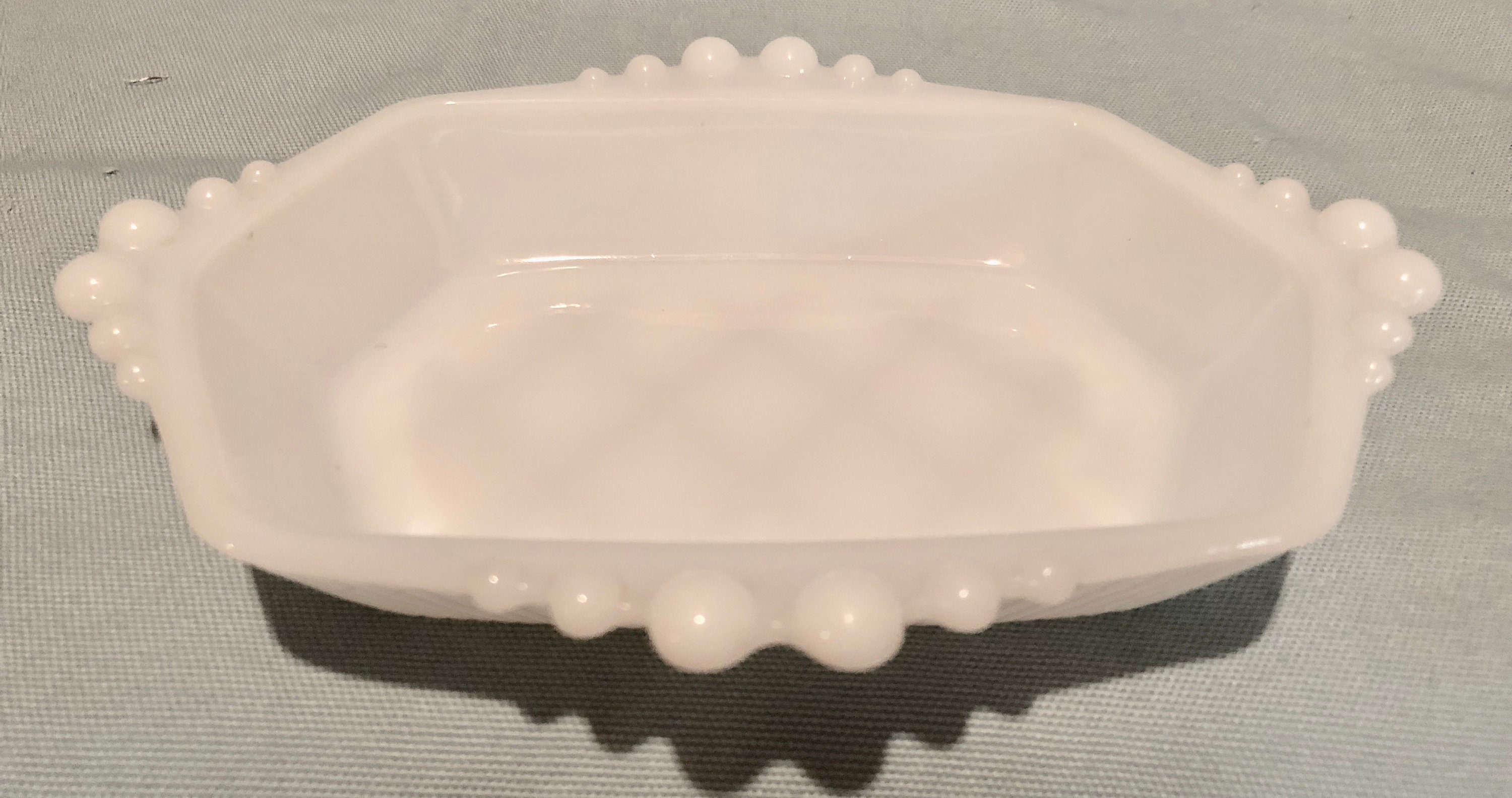 White Milk Glass Soap/Jewelry Dish Harlequin Hobnail Pattern