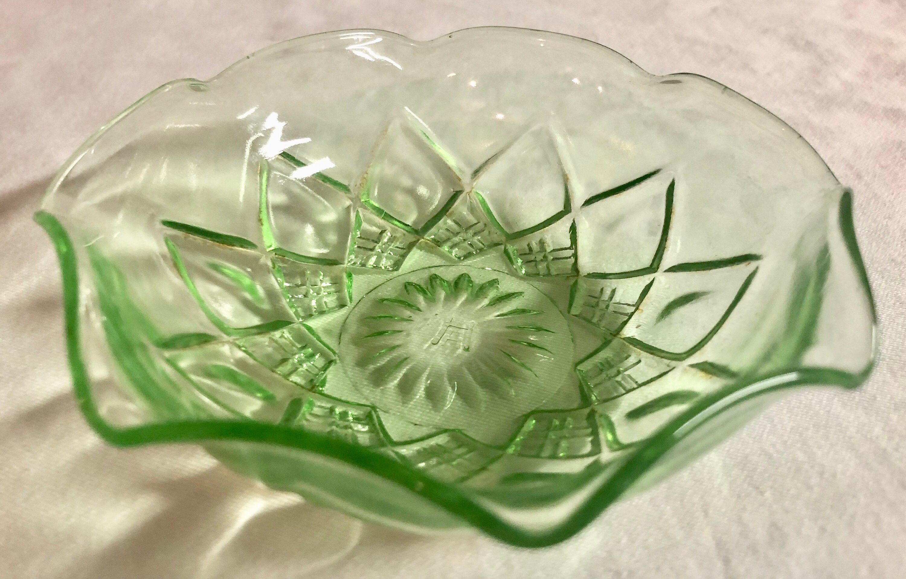 Antique Green Depression Glass Candy/Trinket Dish with Starburst