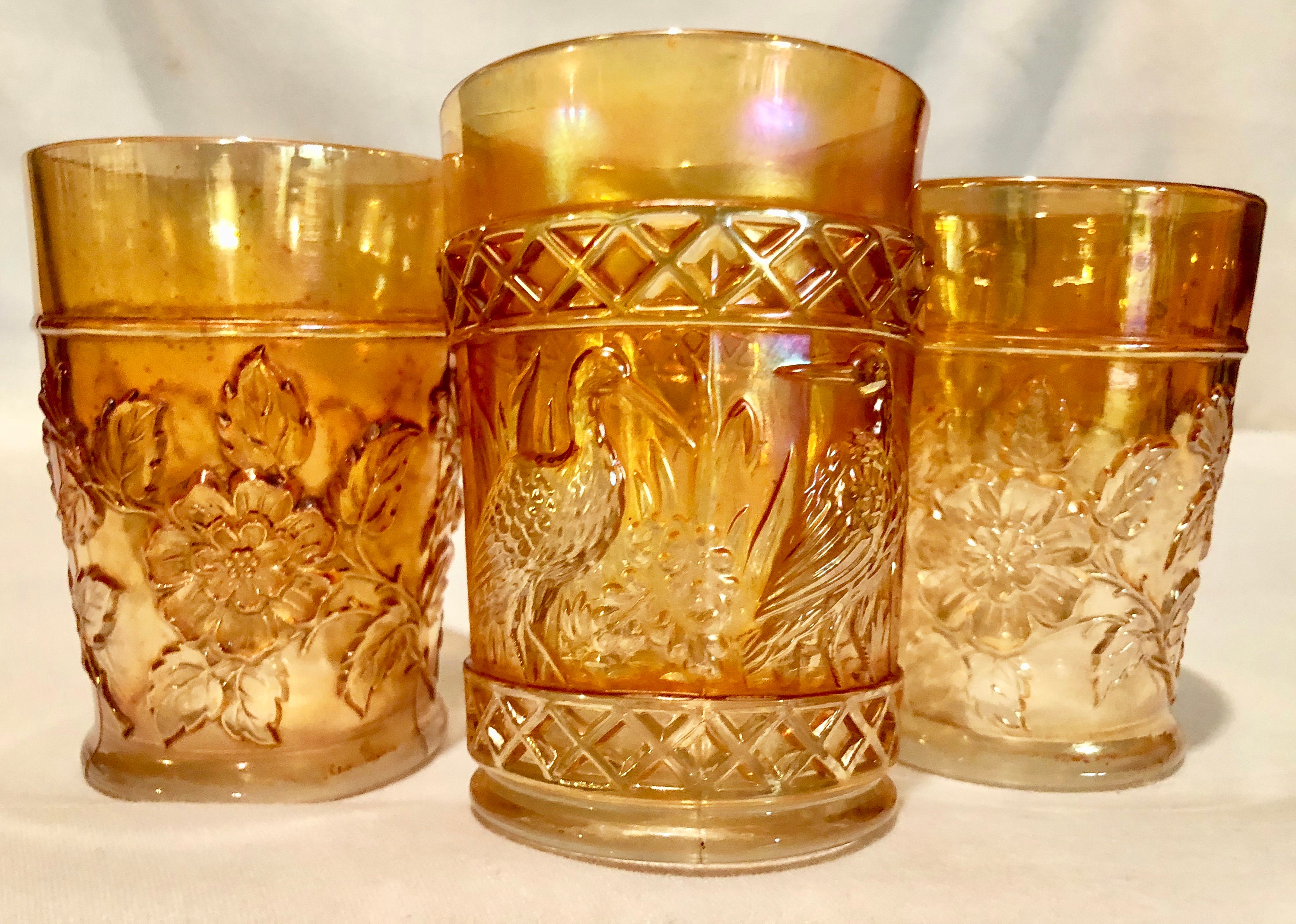 Antique Amber Gold Iridescent Carnival Glass Set of Three Juice/Water Glasses with Floral and