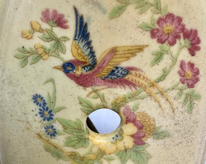 Vintage Yellow Porcelain Electric Wall Sconce with Floral and Bird in Flight Design