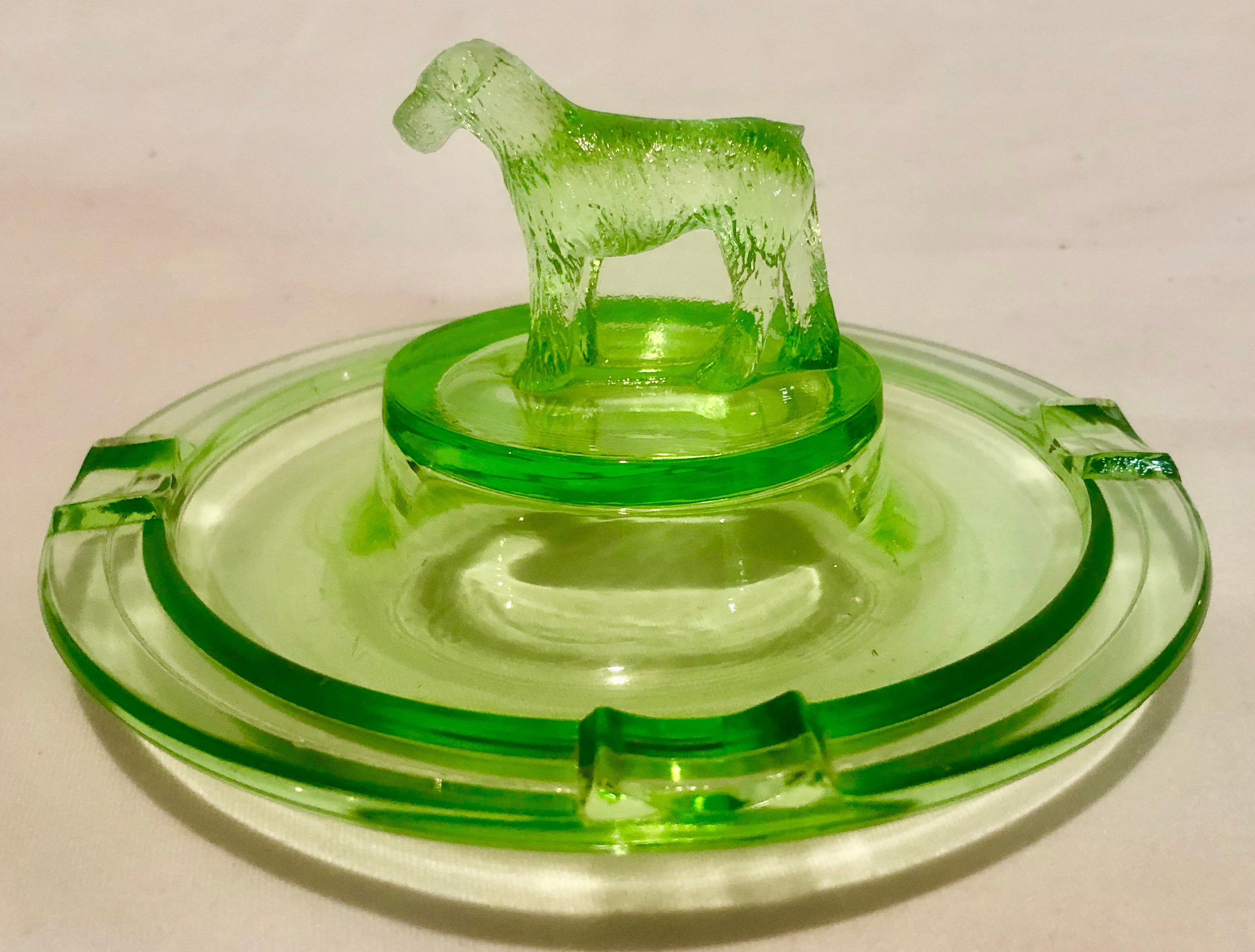 Vintage Green Vaseline/Uranium Depression Glass Terrier/Scottie Dog Ashtray