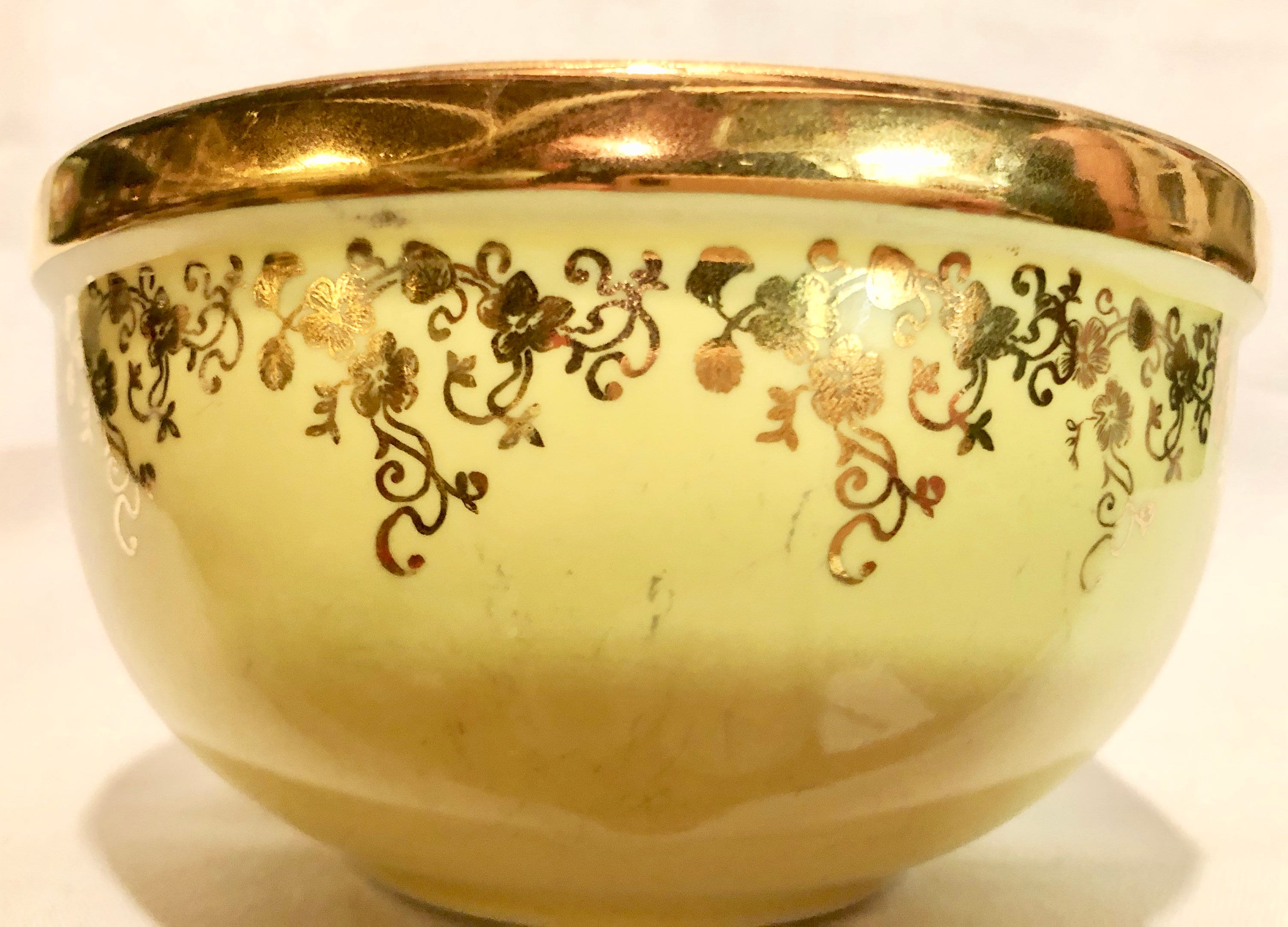 Halls Pottery Vintage Yellow Serving Bowl with Gold Floral Edging 1376, Made in USA
