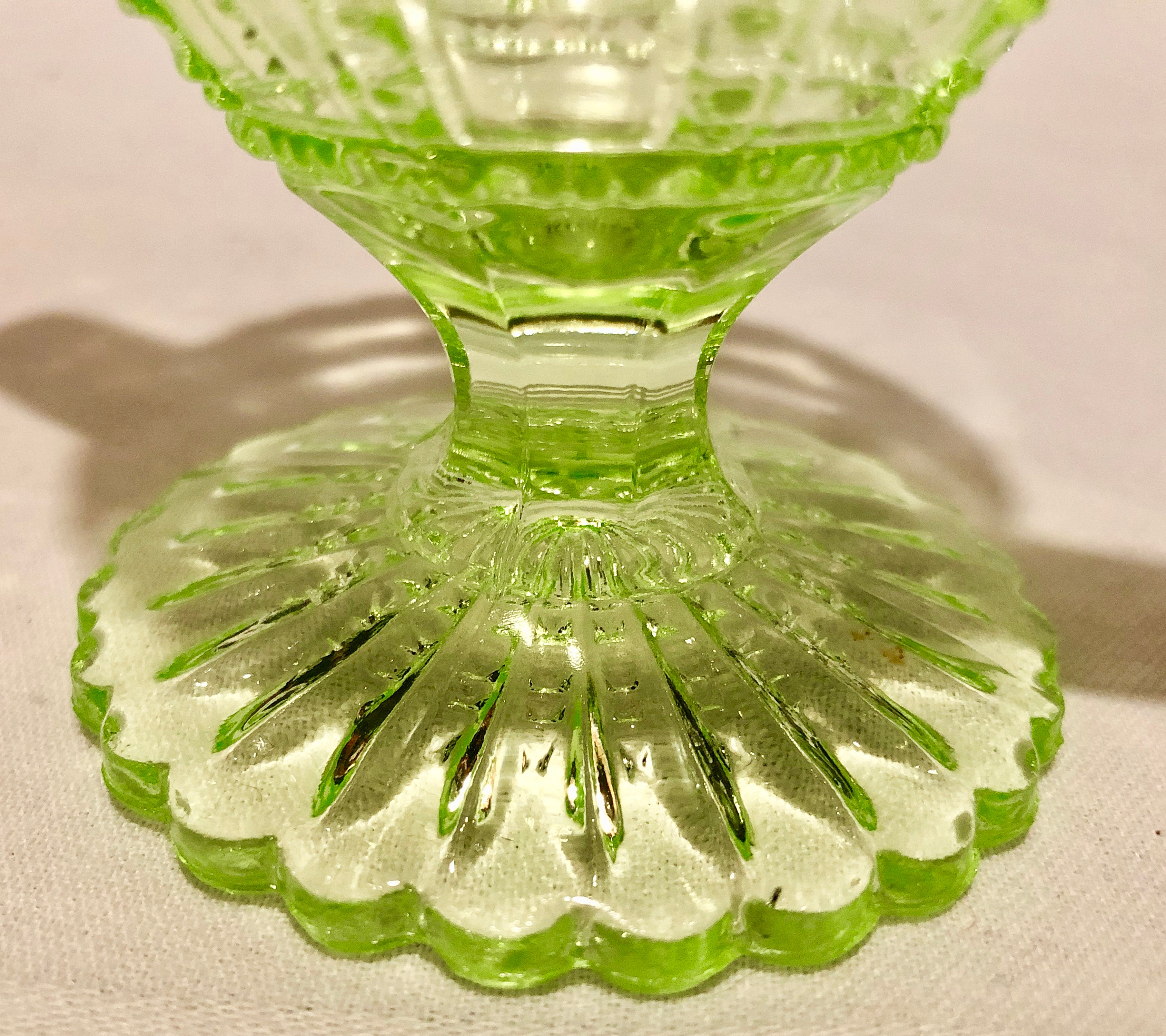 Antique Vaseline Depression Glass Footed Sugar Bowl in Imperial Beaded Block Pattern