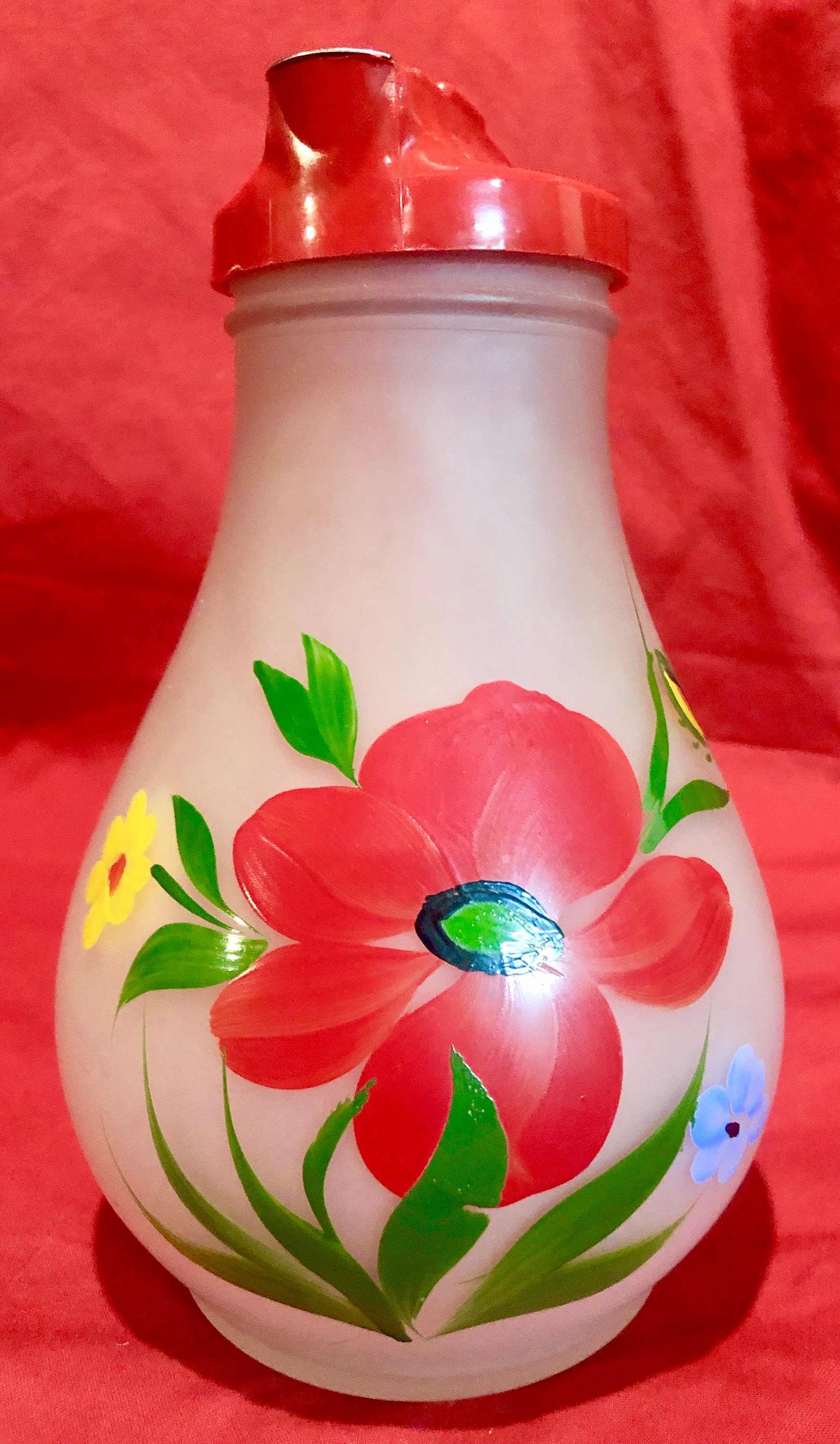 Vintage Large White Frosted Glass Syrup Dispenser/Pitcher,Hand Painted