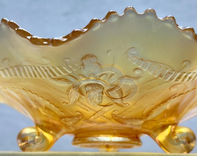 Antique Northwood Carnival Glass Marigold Wishbone Pattern Three Footed Bowl, 1908-1925