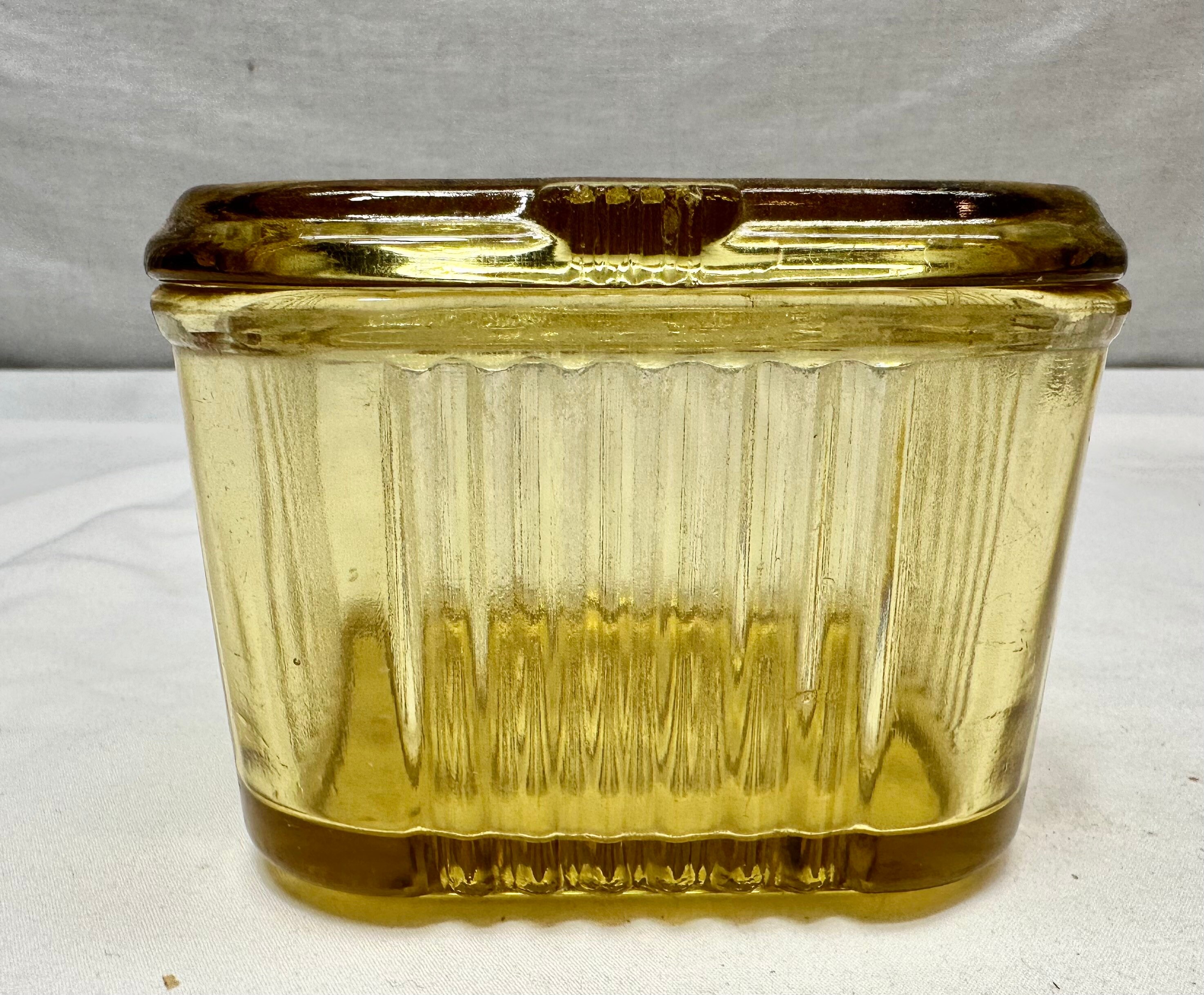 Vintage Square Yellow Ribbed Glass Refrigerator Container with Lid