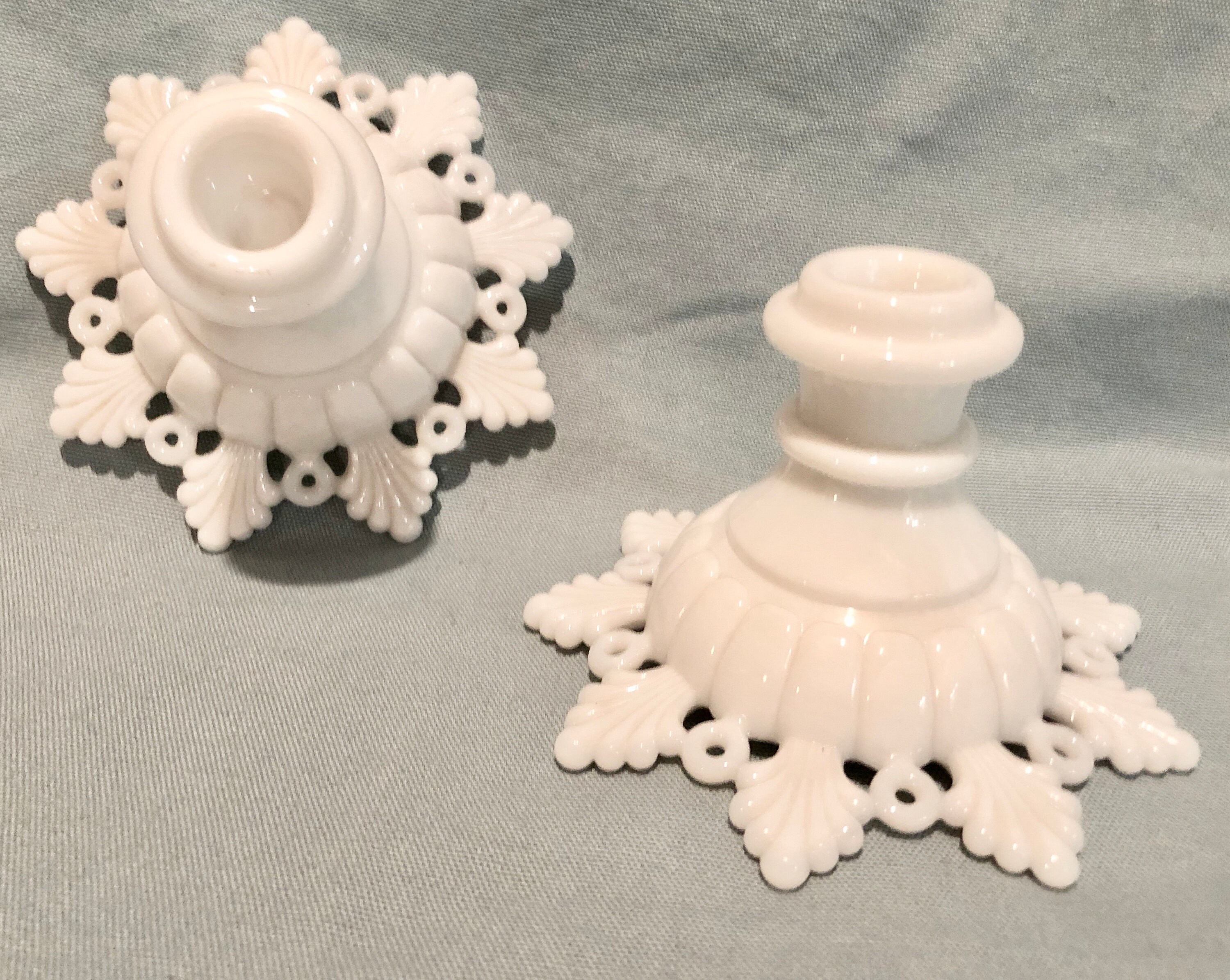 White Milk Glass Vintage Candle Holders Lace and Rounded Acanthus Leaf