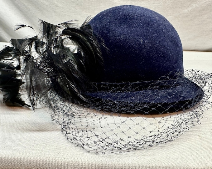 Vintage Ladies Royal Blue Wool Hat with Black Feather,Netting and Hat Box