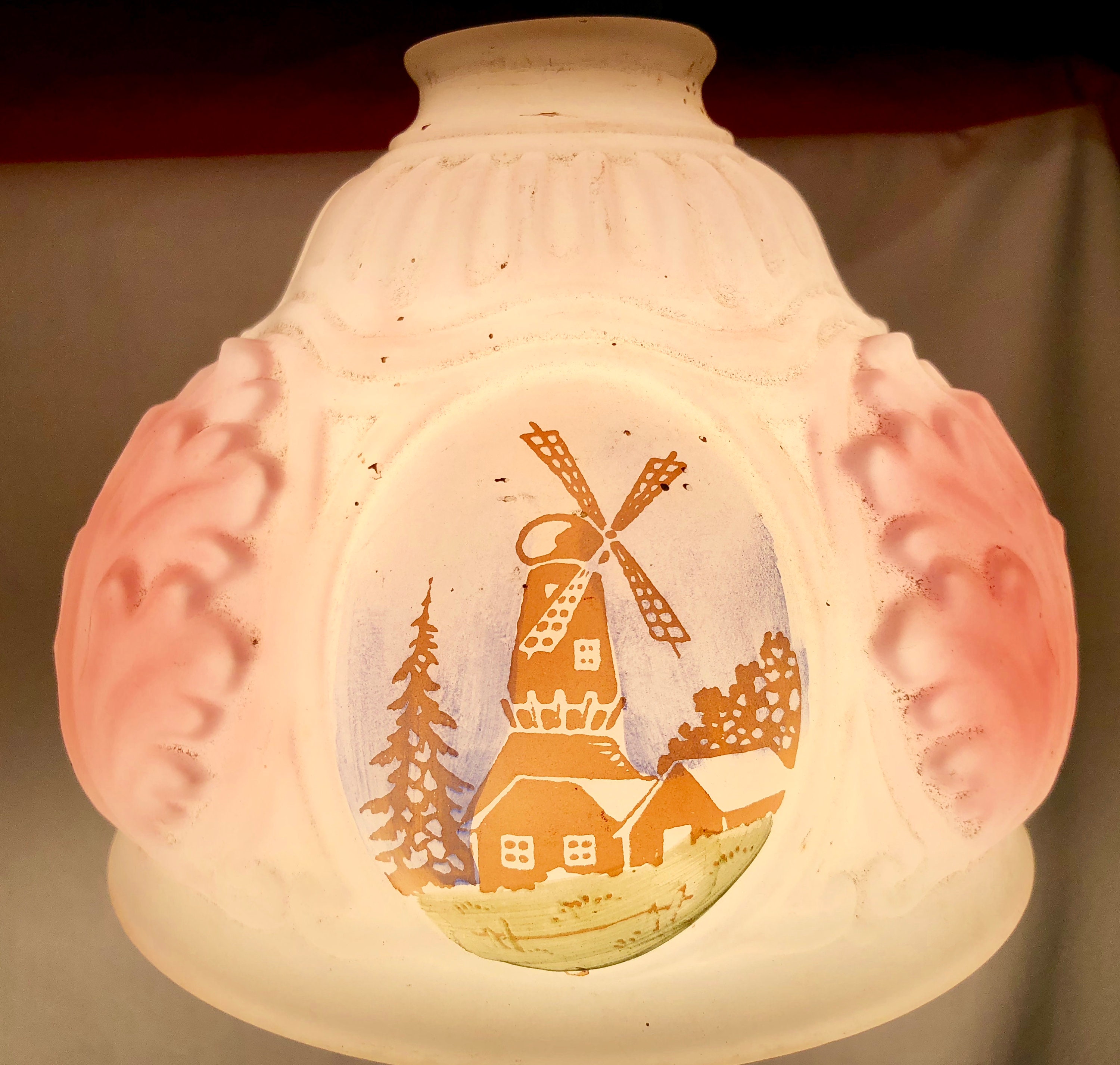 Antique Frosted Glass Lamp Shade with Windmill and Pink Shell Pattern