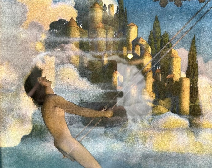 Antique Maxfield Parrish Original 1904 'Dinkey Bird' Print in Original Blue/Gold Wood Frame