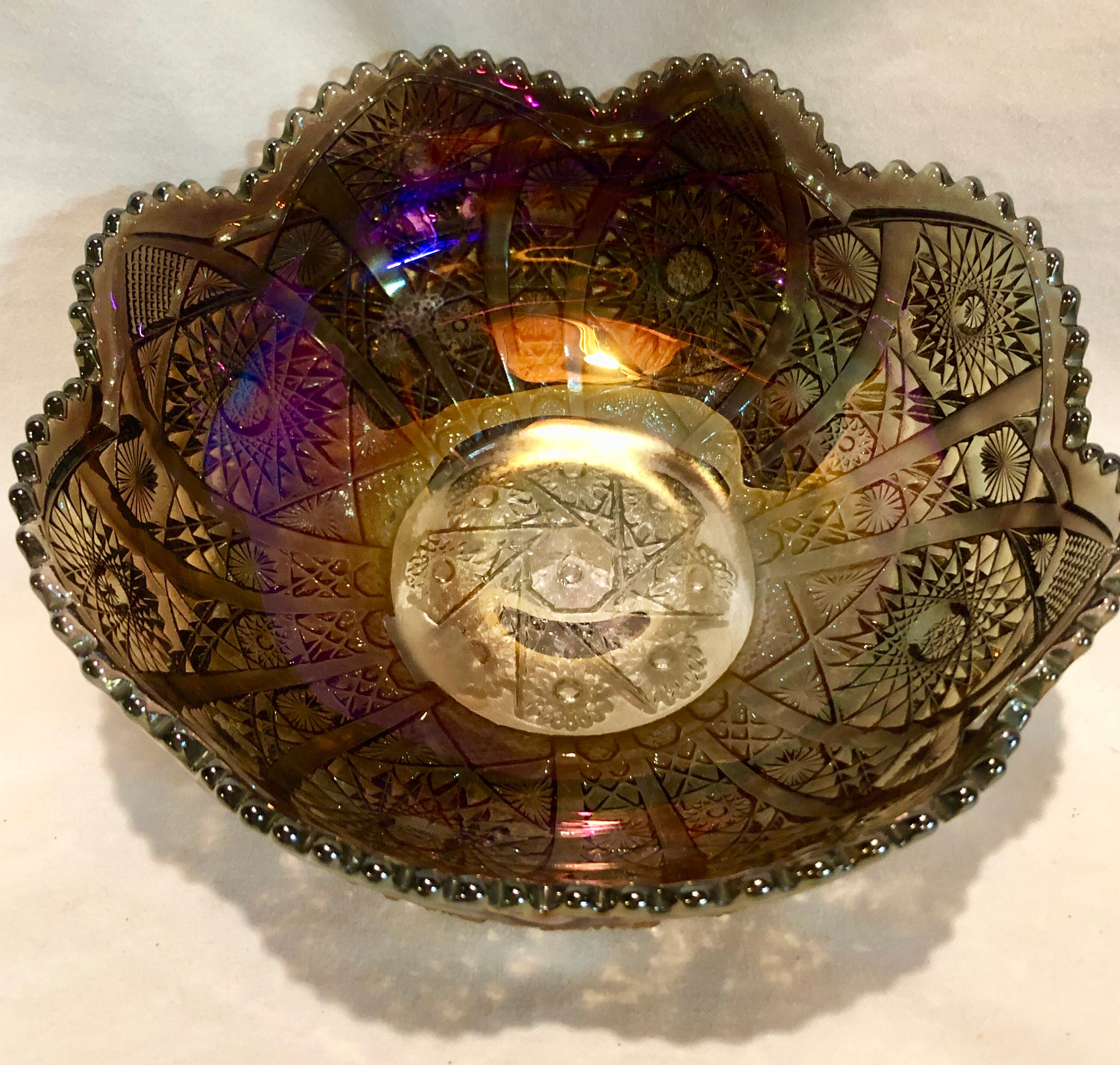 Vintage Imperial Glass Hobstar Smoky Amethyst Carnival Glass Bowl