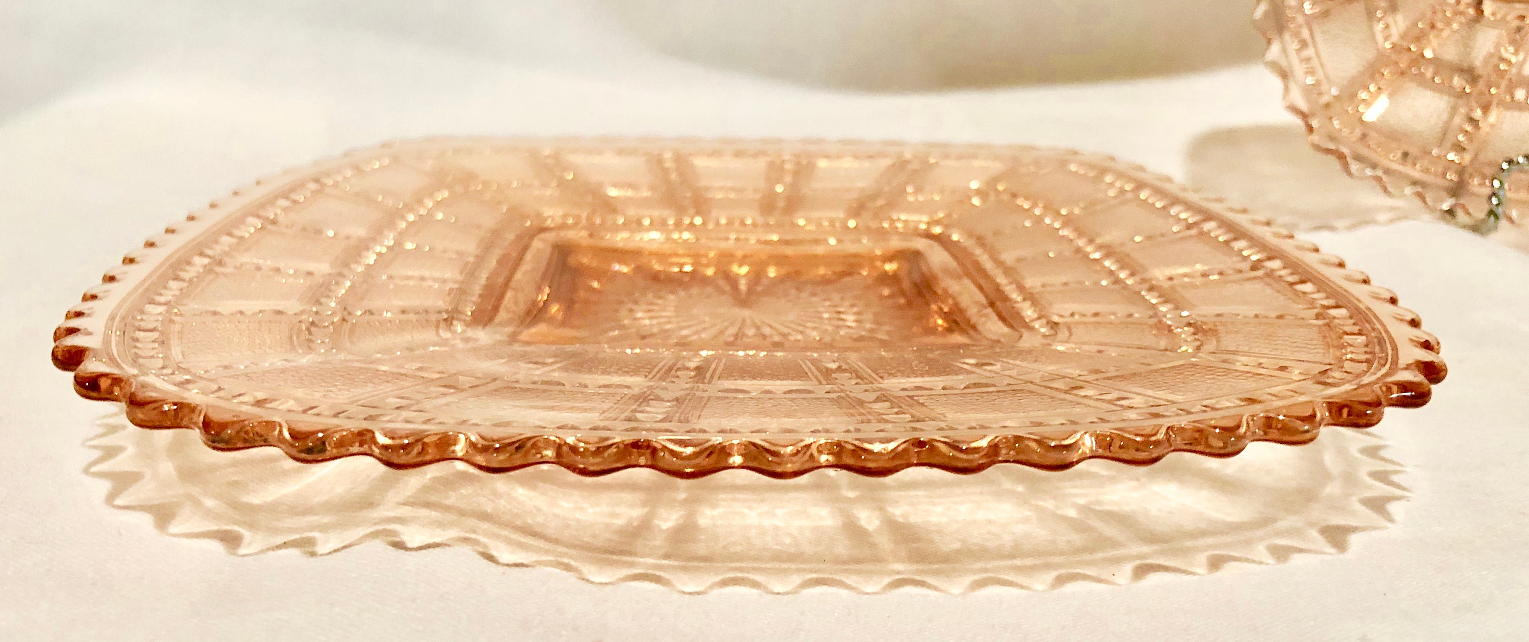 Antique Blush Pink Depression Glass Square Salad/Dessert Plates Set of Two