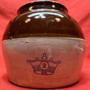 Antik Robinson Ransbottom stengods keramik två blå kronor Quart bönkruka