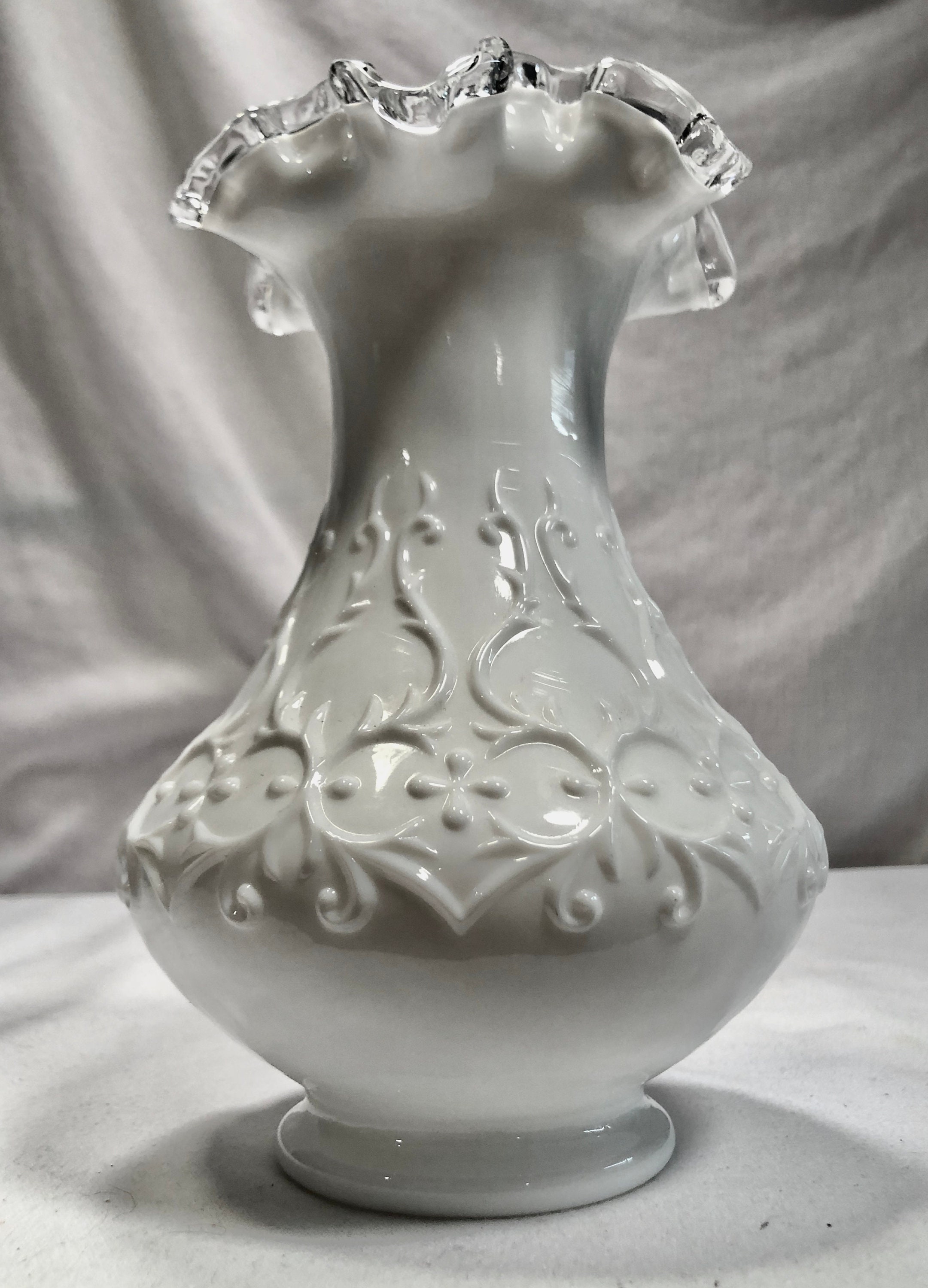 Vintage Fenton Spanish Lace White Milk Glass Vase with Silver Crest