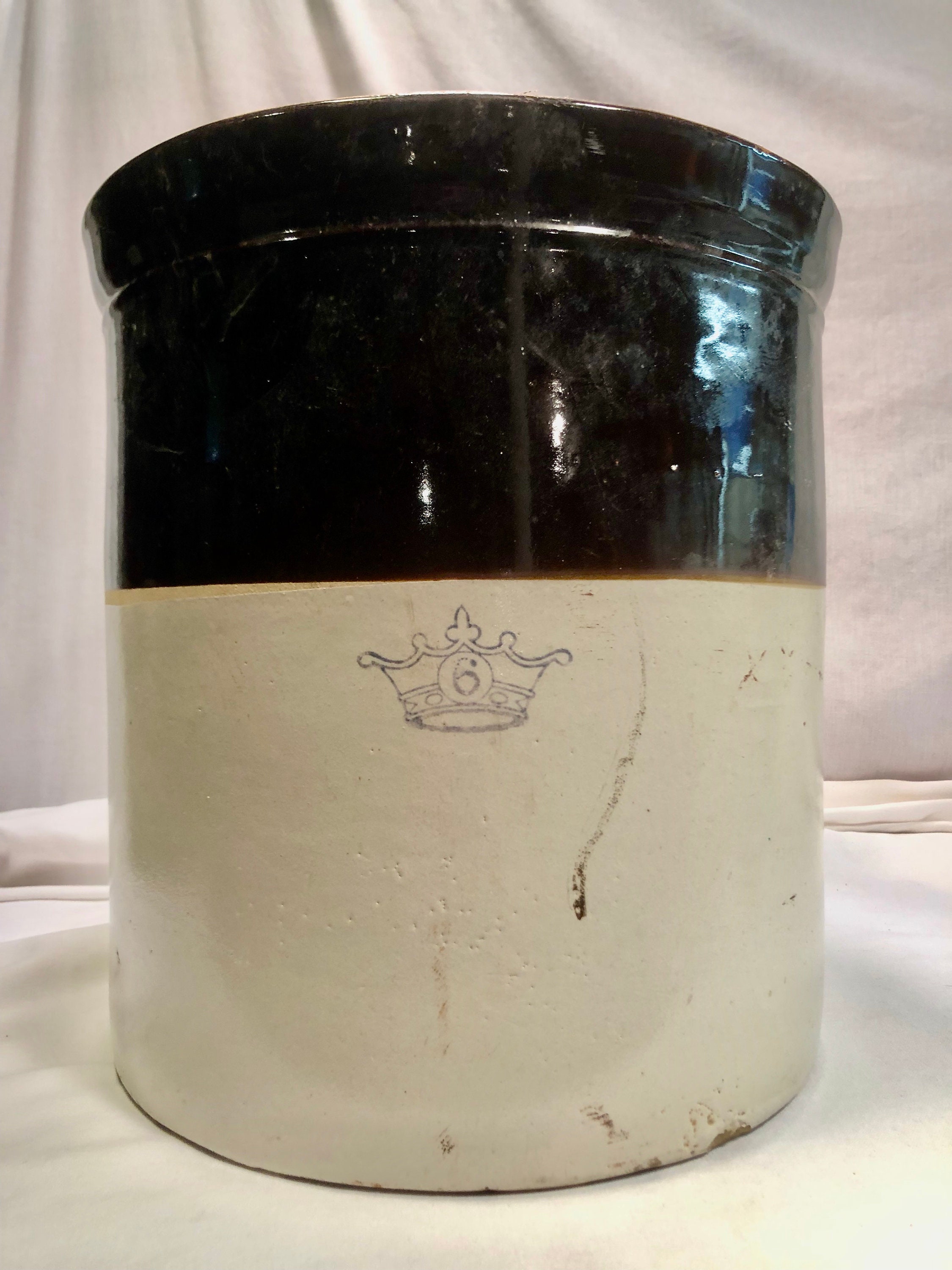 Antique 6 Gallon Ransbottom Bros Blue Crown Sauerkraut Stoneware Crock