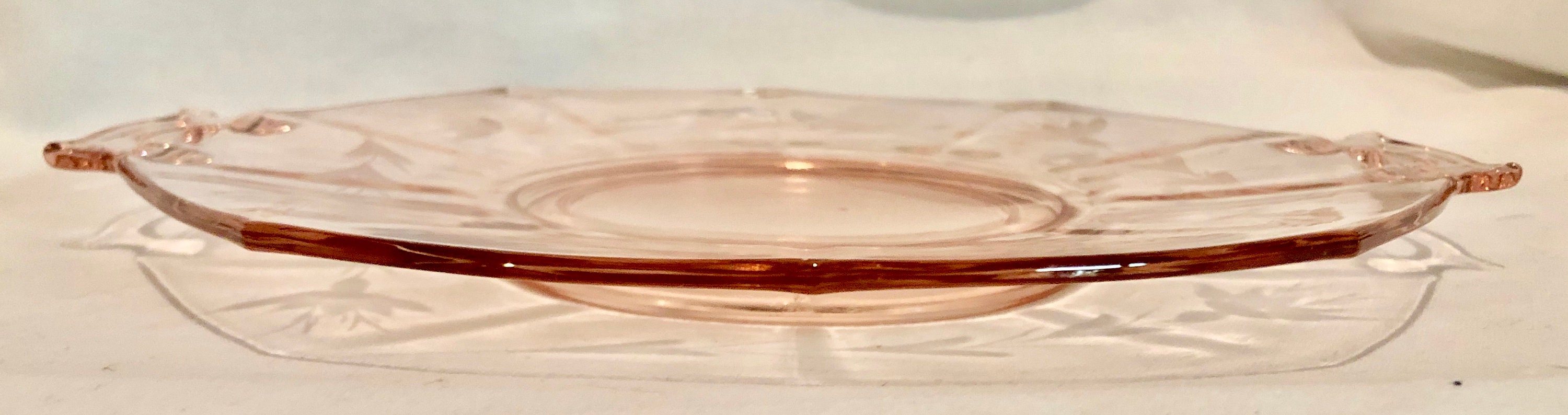 Vintage Blush Pink Depression Glass Cake/Serving Plate with Etched