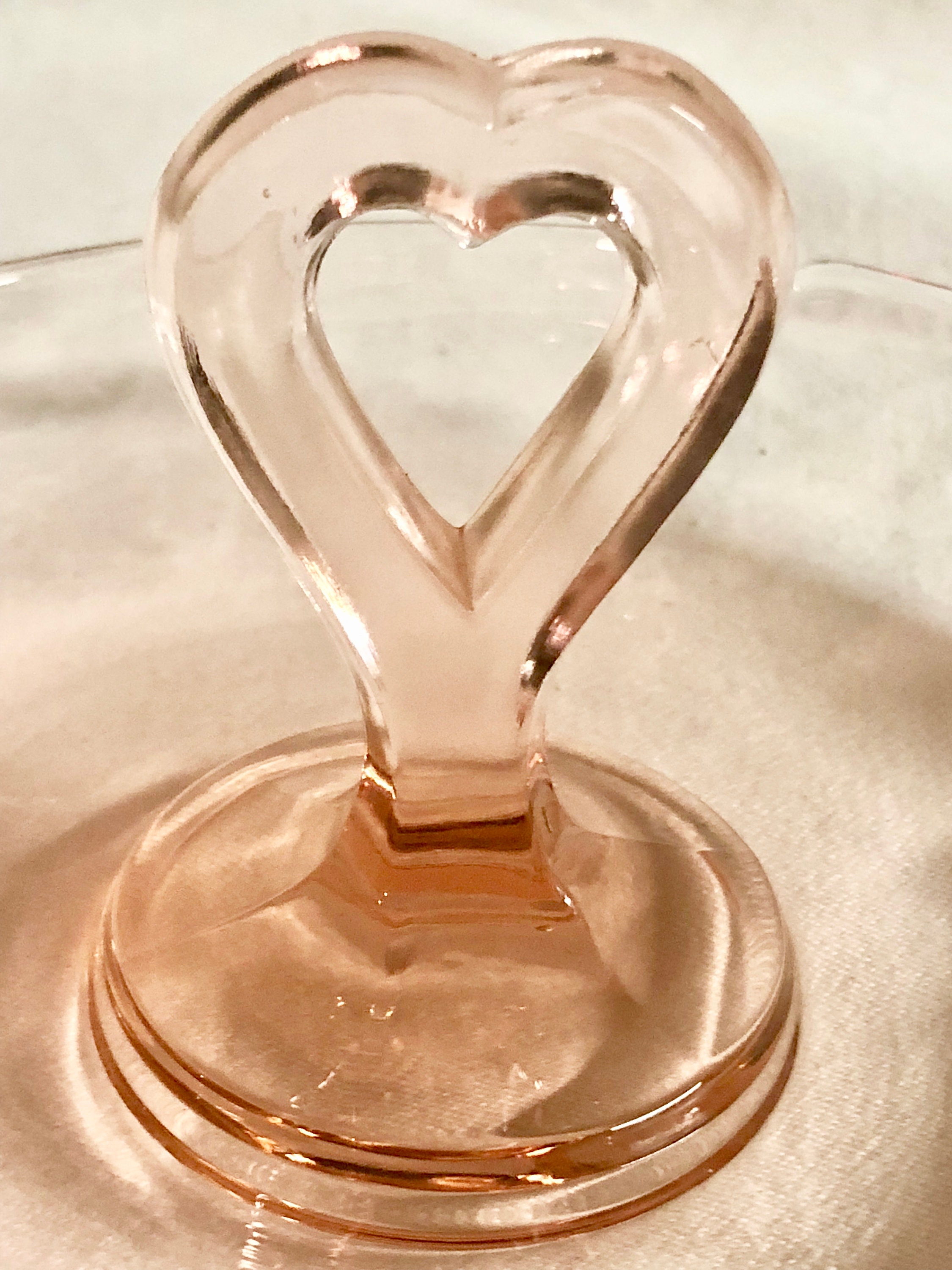 Antique Blush Pink Depression Glass Ashtray with Heart Shaped Handle