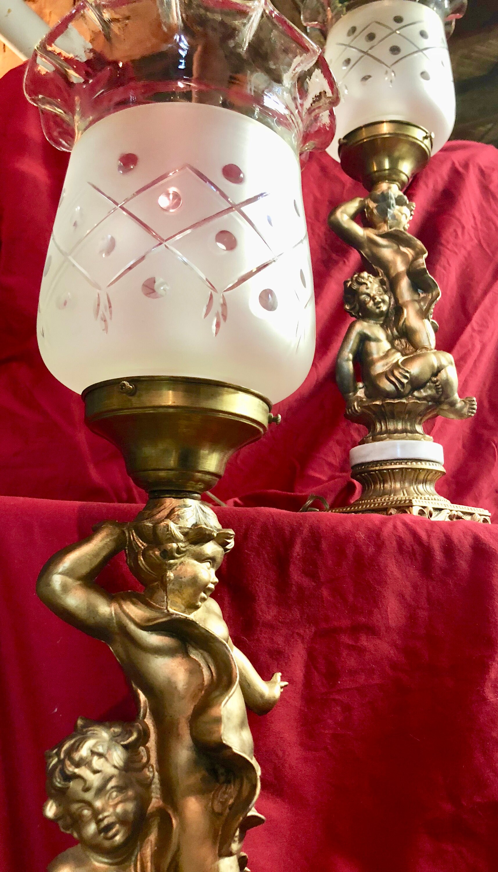 Pair of Vintage Gold Cherub Table Lamps with Original Fluted Frosted
