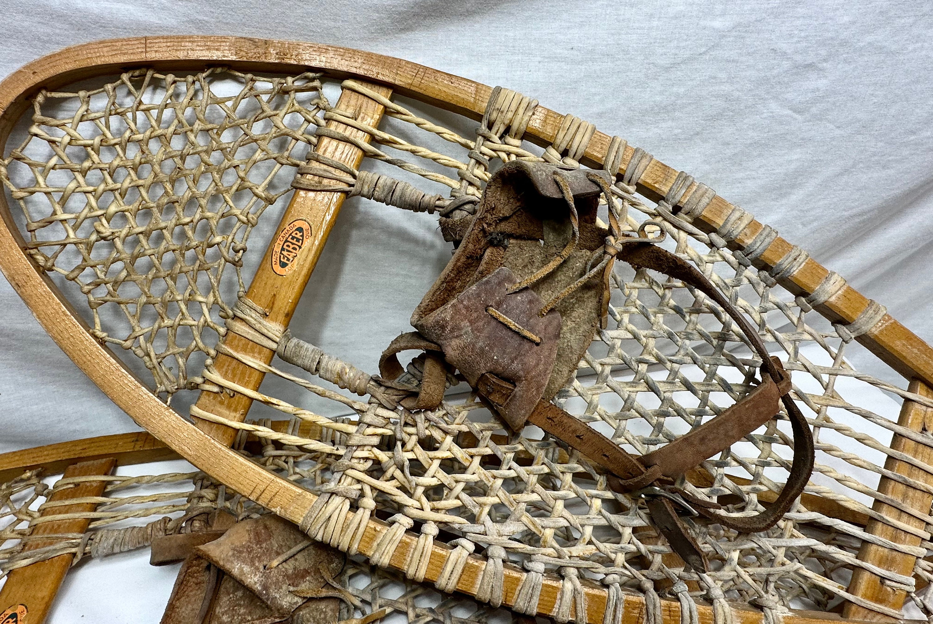 Vintage Wood and Rawhide Snowshoes with Leather Strap Binding,Faber Co