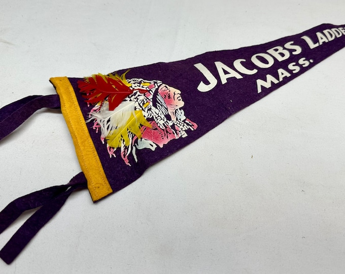 Vintage Jacobs Ladder, Mass Felt Souvenir Pendant/Banner with American Indian Chief