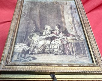Boîte à bijoux/souvenir vintage en bois peint doré avec miroir