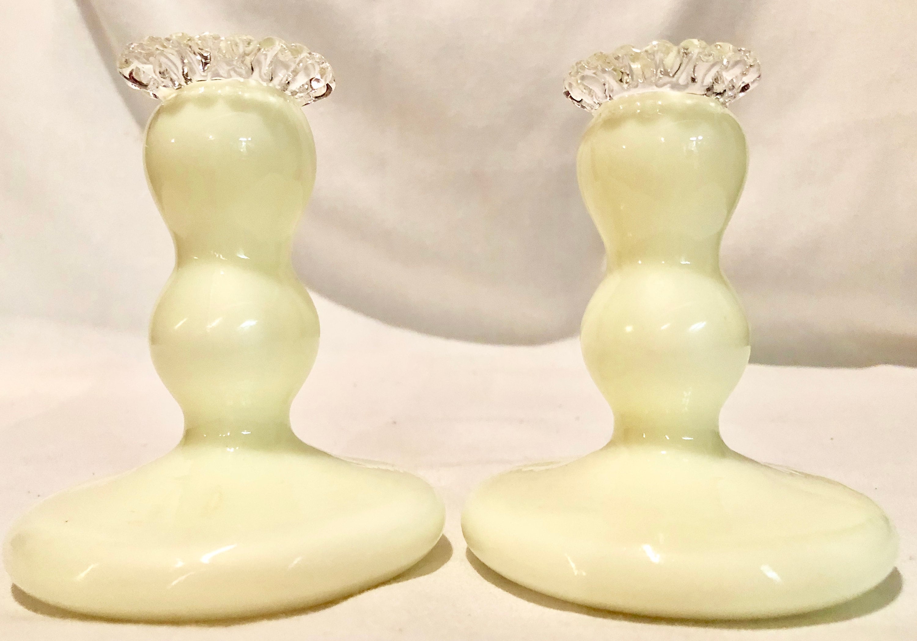 Vintage Butter Yellow Glass Candlesticks with Clear Glass Ruffled Edge
