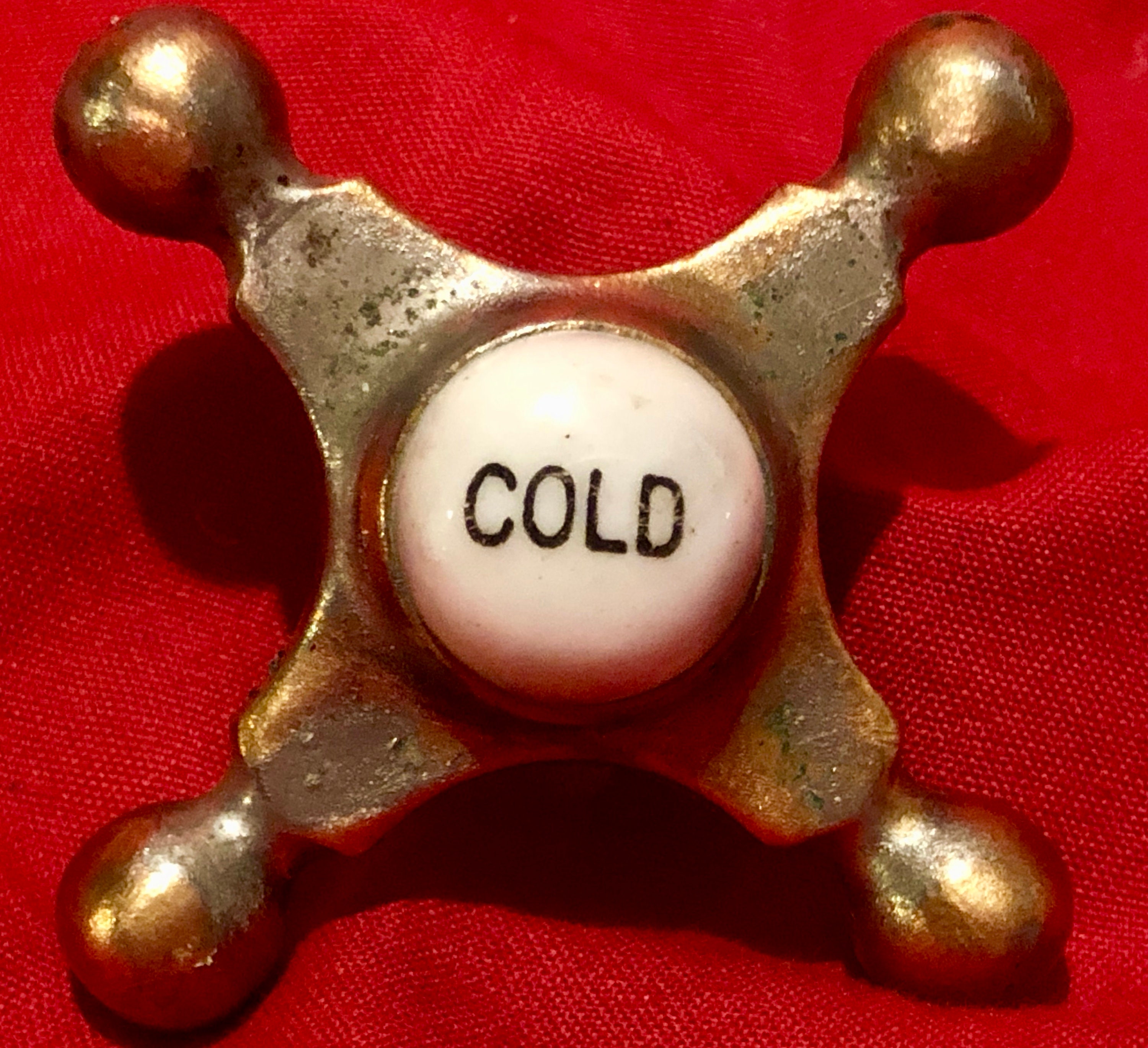 Vintage Brass Hot/Cold Faucet Handles with White Porcelain Buttons