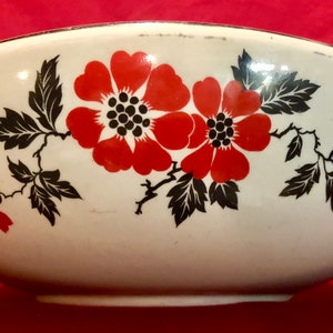 Hall's Pottery Midcentury Red Poppy Serving Bowl with Black Leaves