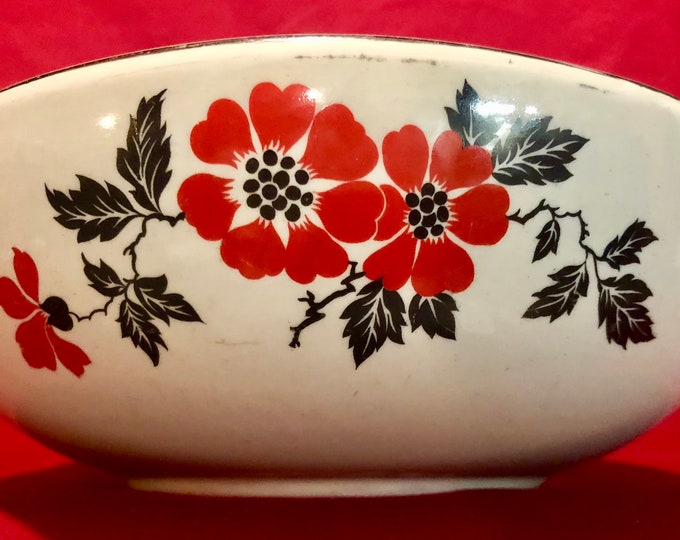 Hall's Pottery Midcentury Red Poppy Serving Bowl with Black Leaves