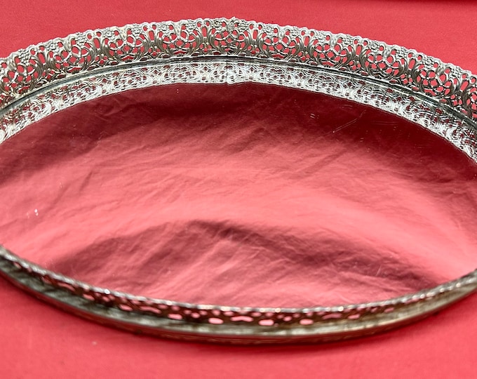 Vintage Gold Filagree Hollywood Regency Oval Vanity Tray/Mirror
