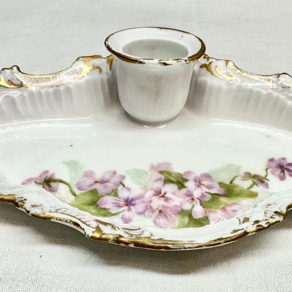 Vintage T&V Porcelain Jewelry/Decorative Tray with Purple Violets and Candle Holder, Souvenir Limoges, France