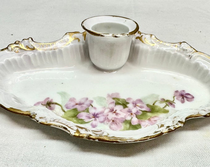 Vintage T&V Porcelain Jewelry/Decorative Tray with Purple Violets and Candle Holder, Souvenir Limoges, France