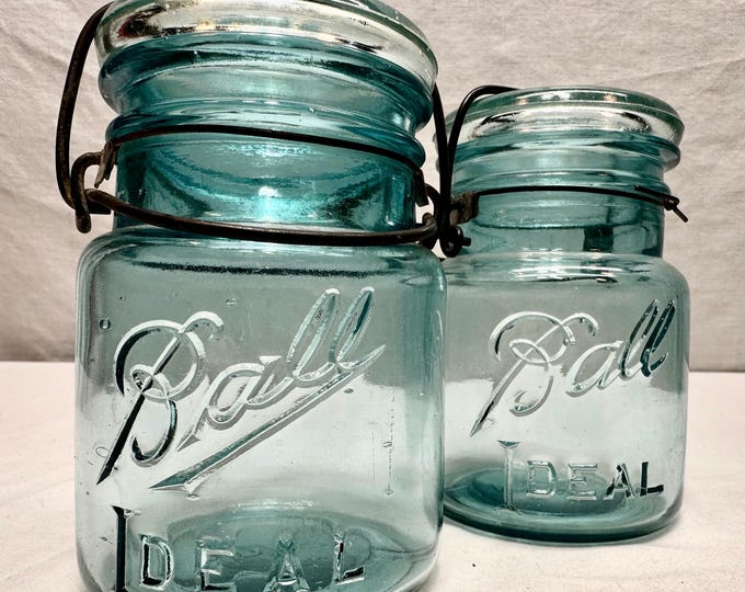 Vintage Aqua Blue Glass Ball Ideal Half Pint Canning/Preserve Jars-Circa 1910-1920,Set of Two