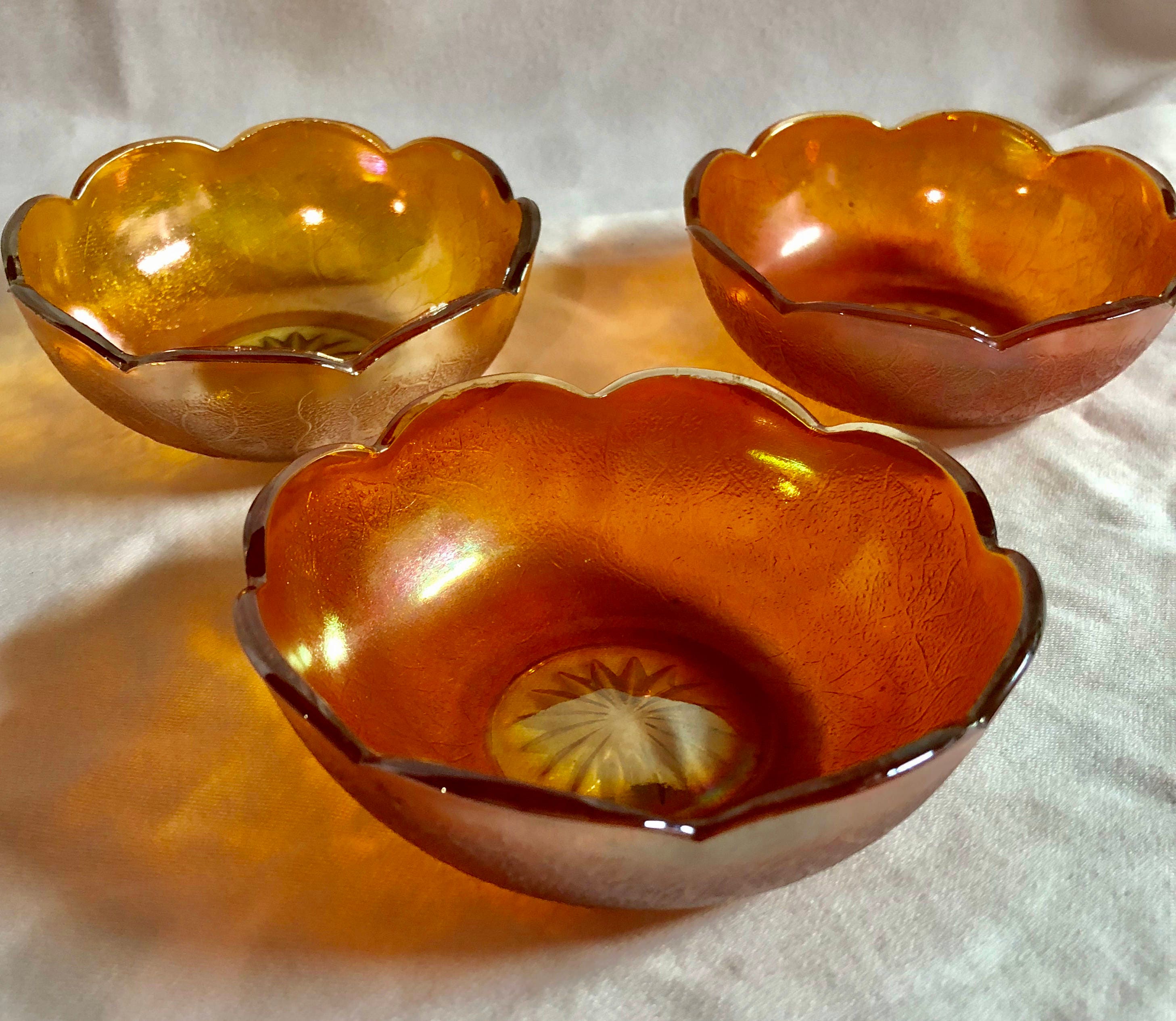 Amber Carnival Glass Bowls Crackle Pattern Set of Three