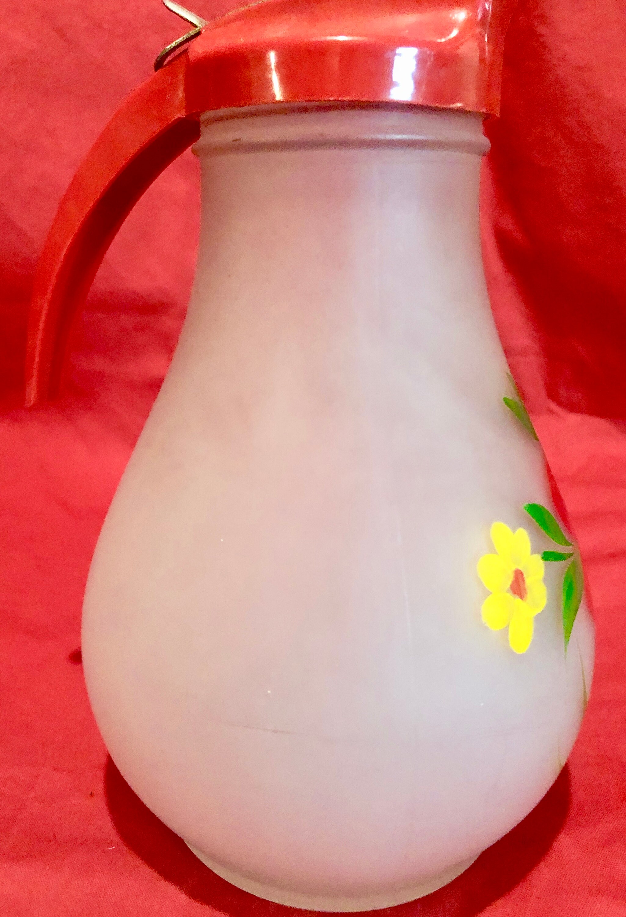 Vintage Large White Frosted Glass Syrup Dispenser/Pitcher,Hand Painted