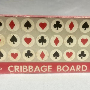 Tablero de cribbage de madera con incrustaciones Arrgo vintage con clavijas, No 568M, Arrgo Playing Card Co, Chicago, Illinois