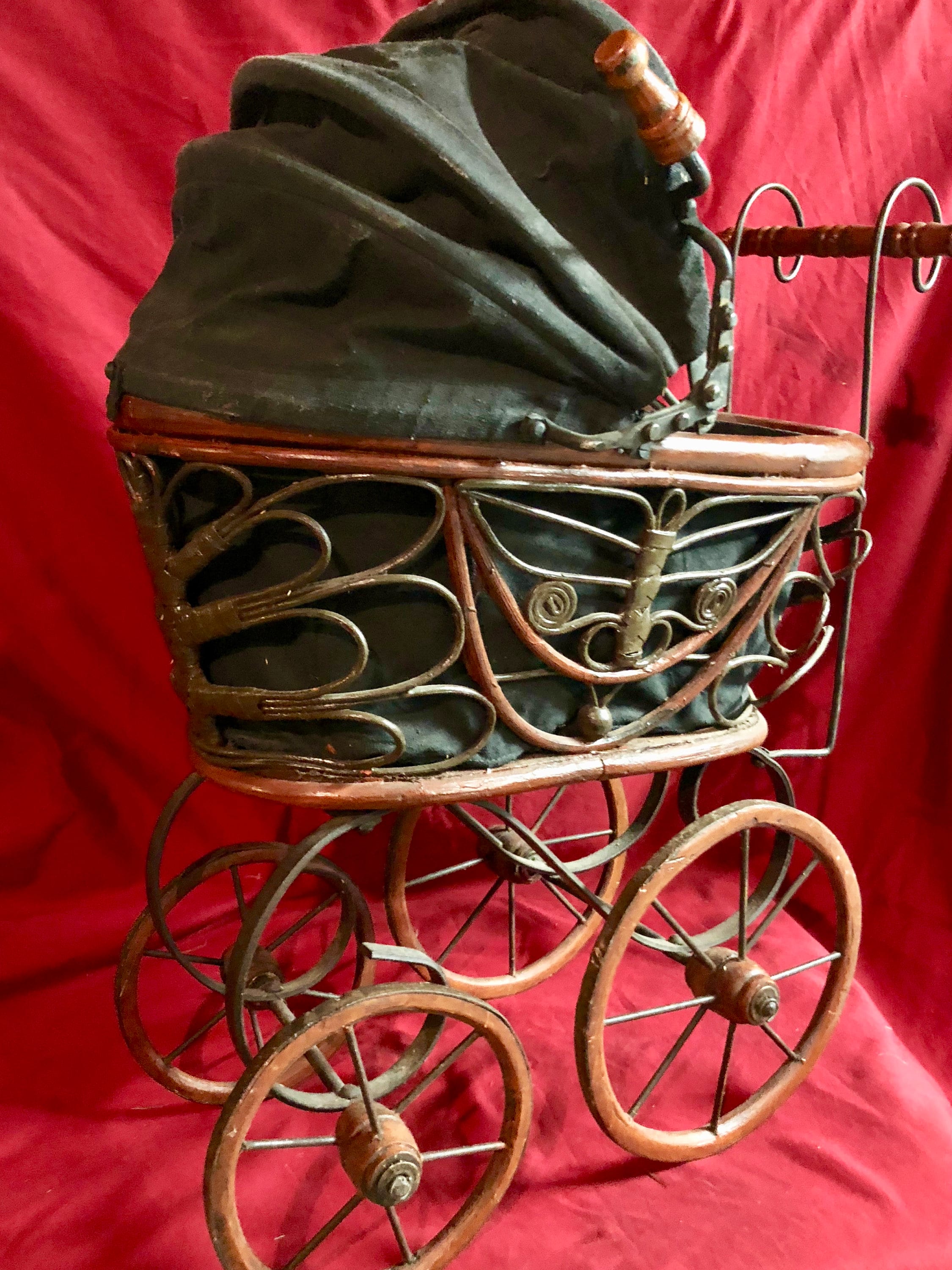 Victorian Wicker/Rattan Doll Stroller/Pram with Wooden/Metal Wheels