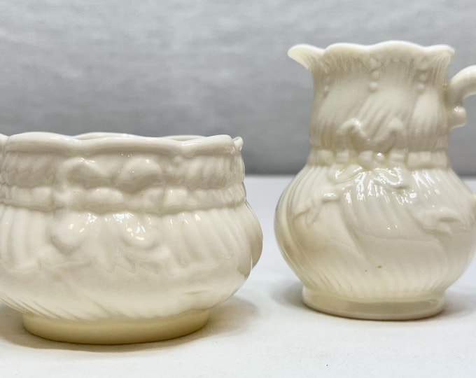 Vintage Belleck Bone China Sugar and Creamer with Bow Design, Belleck China,Ireland. 5th Mark 1955-1965,RIC No 0857