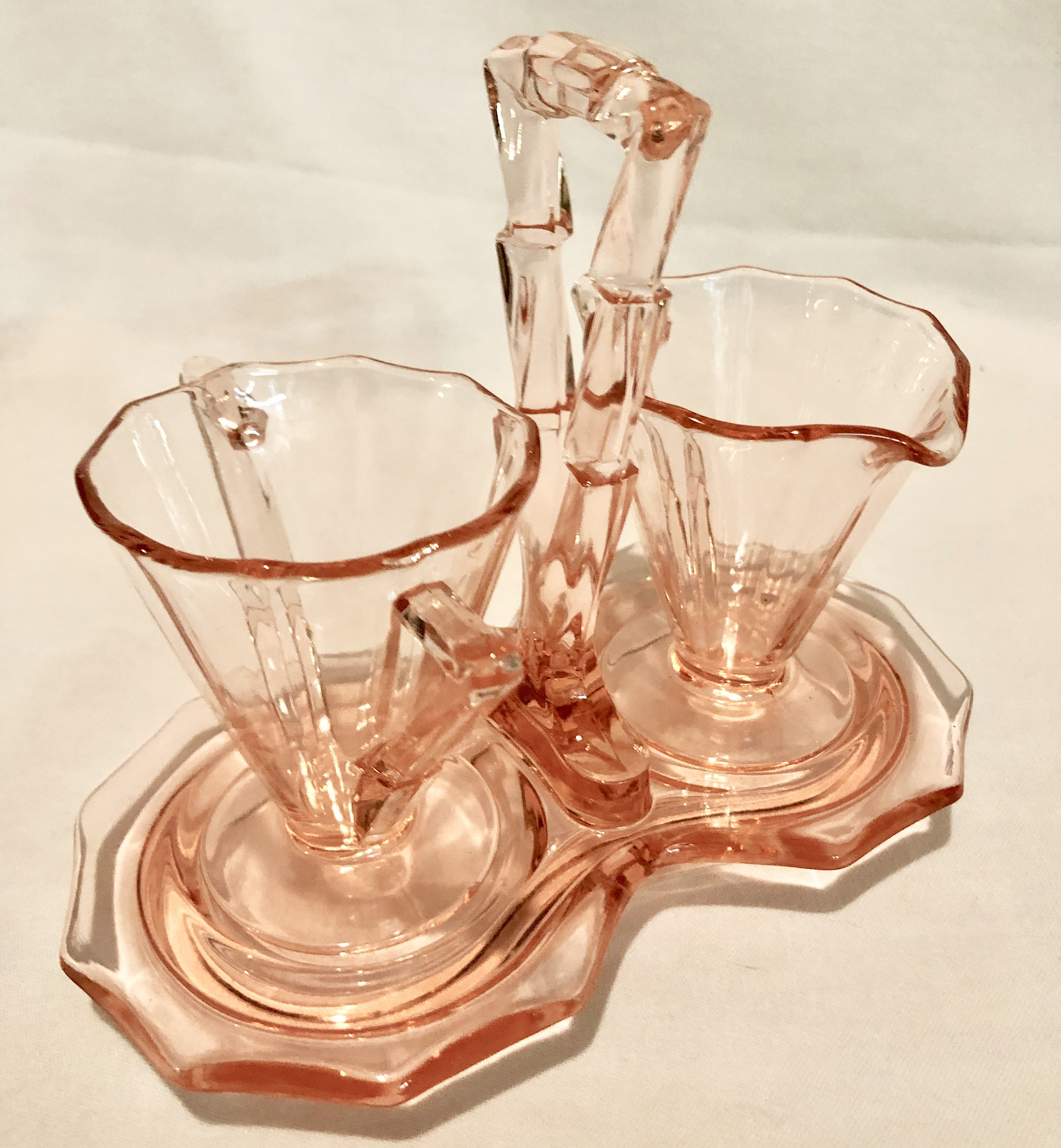 Vintage Blush Pink Depression Glass Sugar and Creamer Set with Carrier
