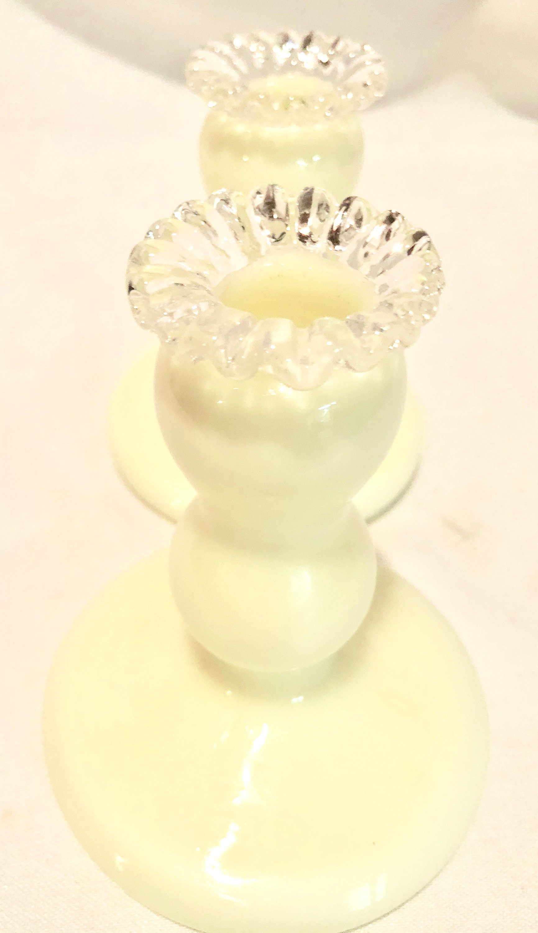 Vintage Butter Yellow Glass Candlesticks with Clear Glass Ruffled Edge