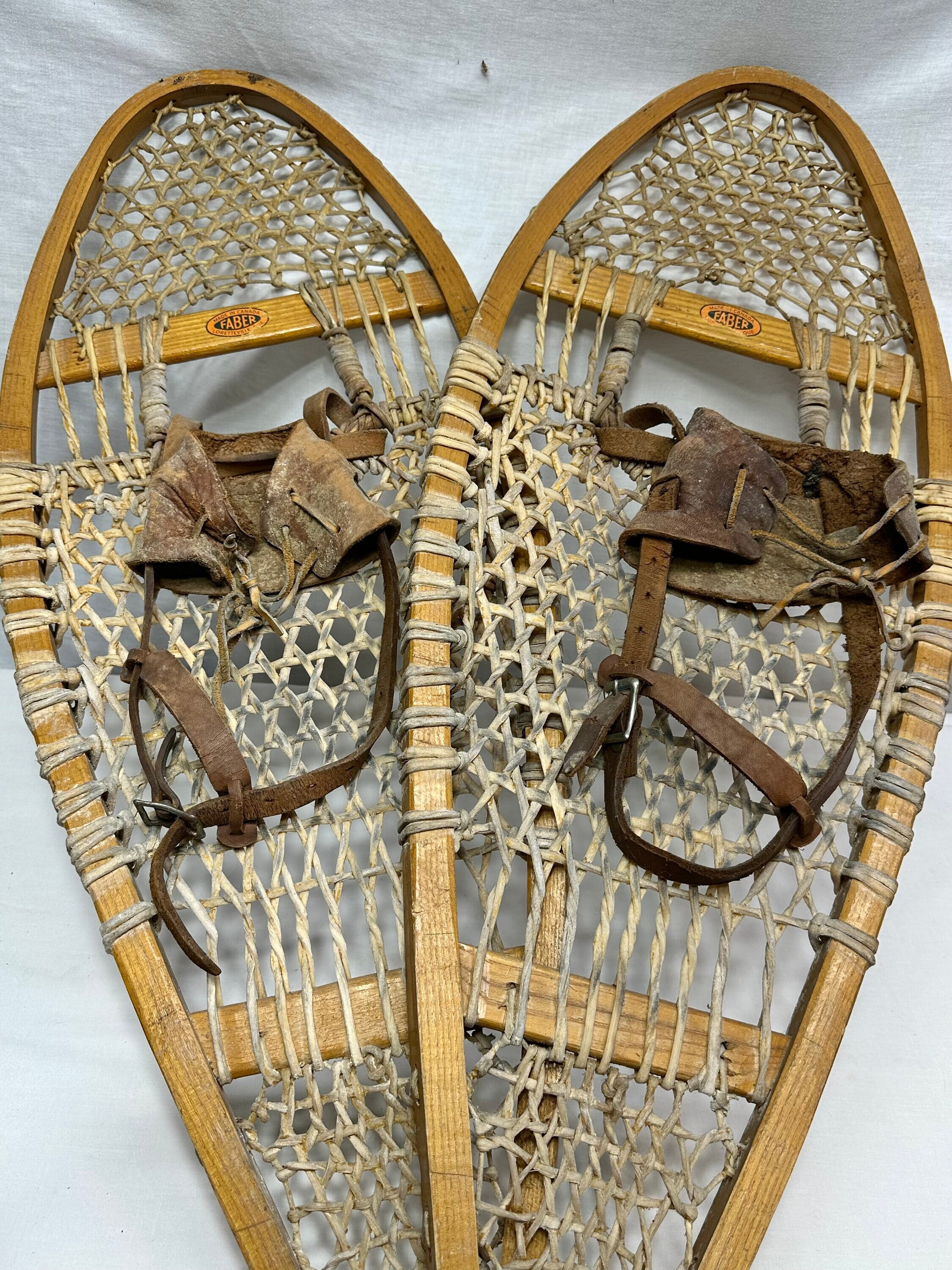 Vintage Wood and Rawhide Snowshoes with Leather Strap Binding,Faber Co