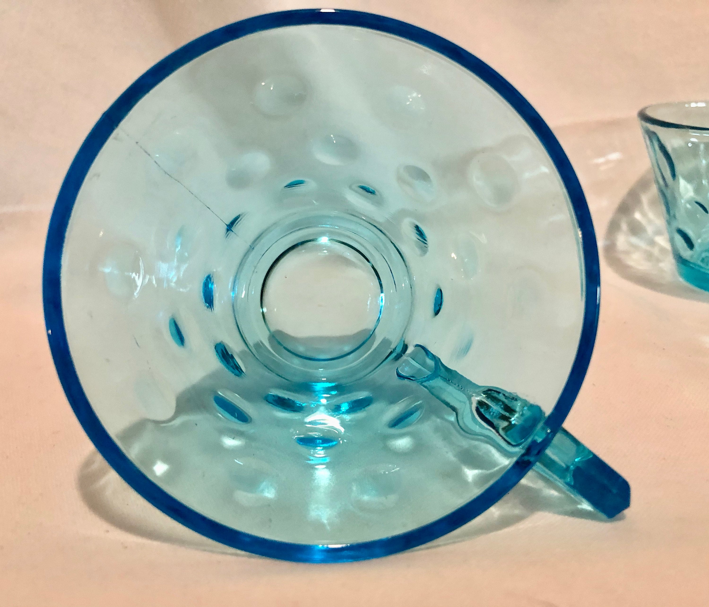 Vintage Hazel Atlas Capri Dot Turquoise Aqua Glass Tea Cups Set Of Four