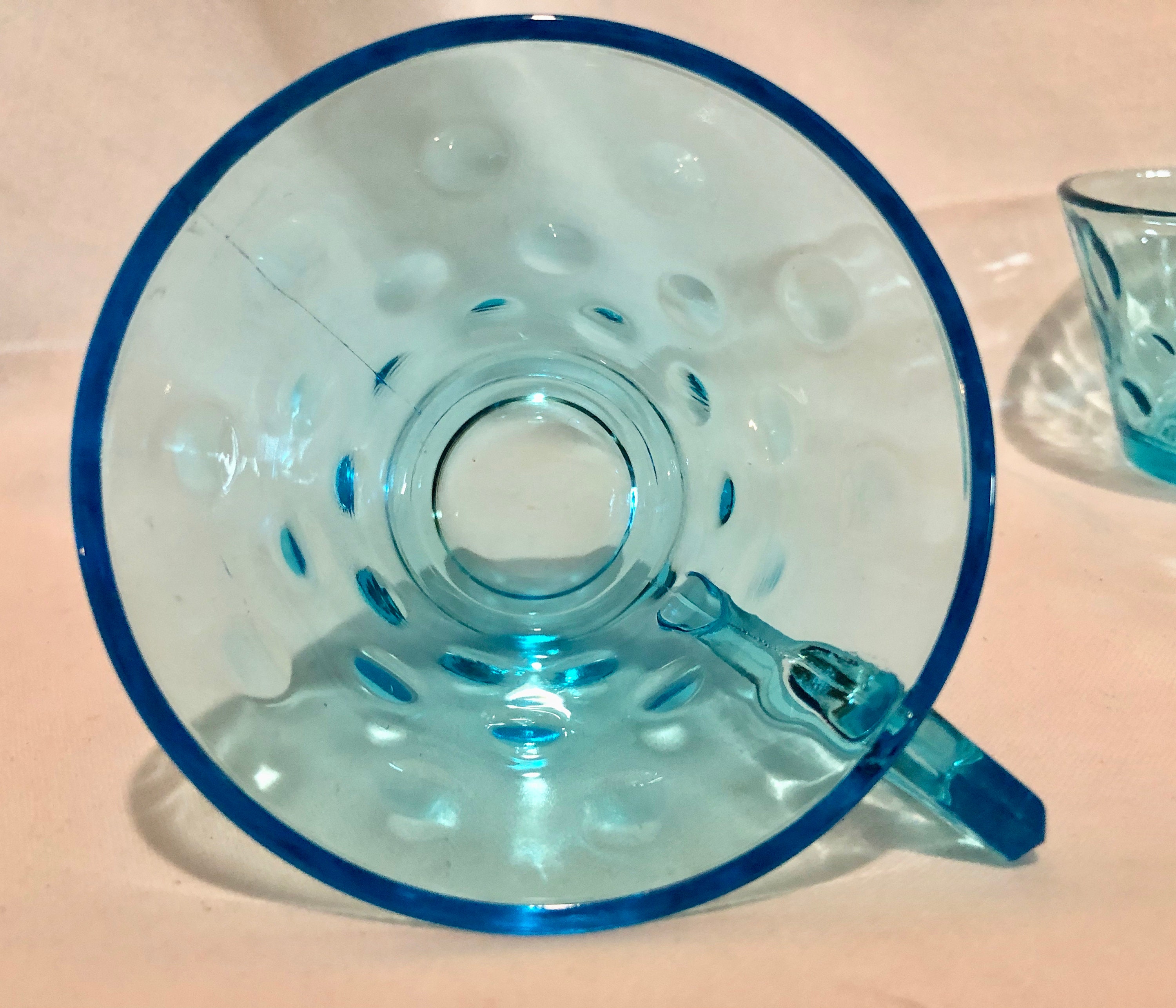 Vintage Hazel Atlas Capri Dot Turquoise Aqua Glass Tea Cups Set Of Four