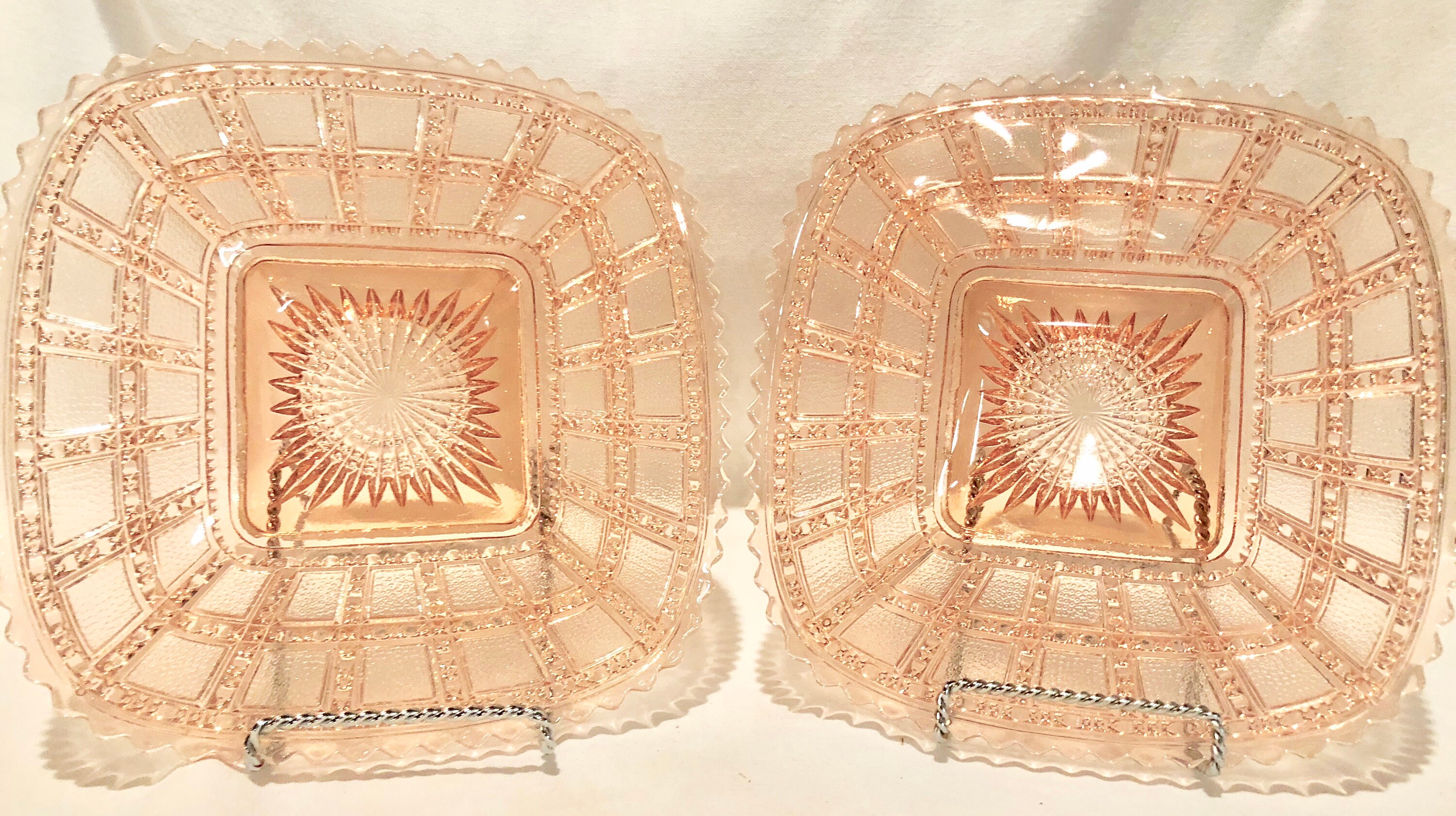 Antique Blush Pink Depression Glass Square Salad/Dessert Plates Set of Two