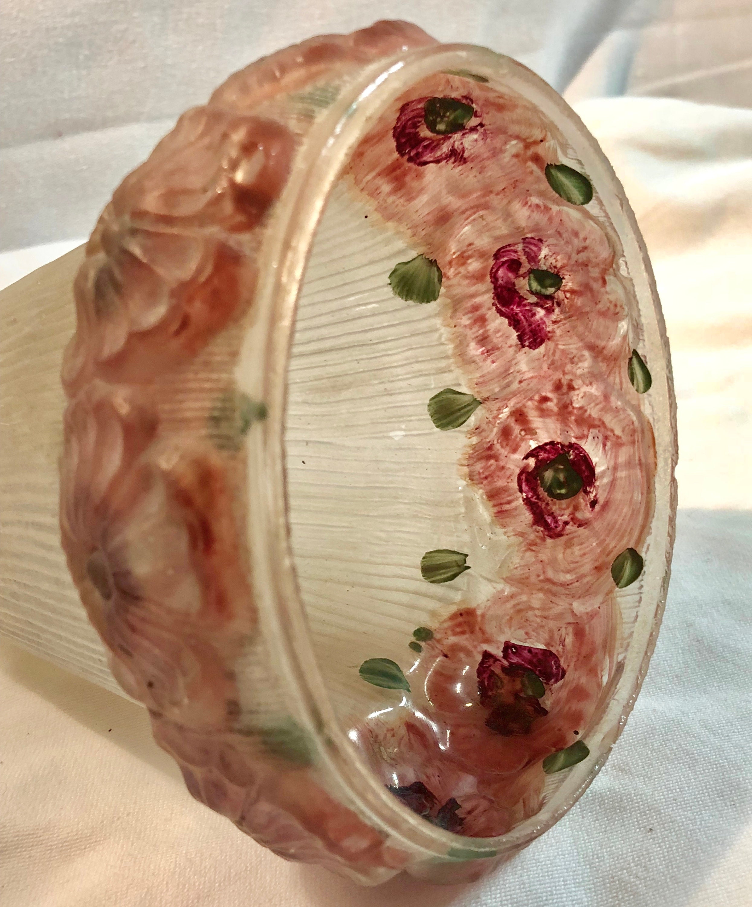Antique Victorian Frosted White Glass Lamp Shade with Hand Painted Rose