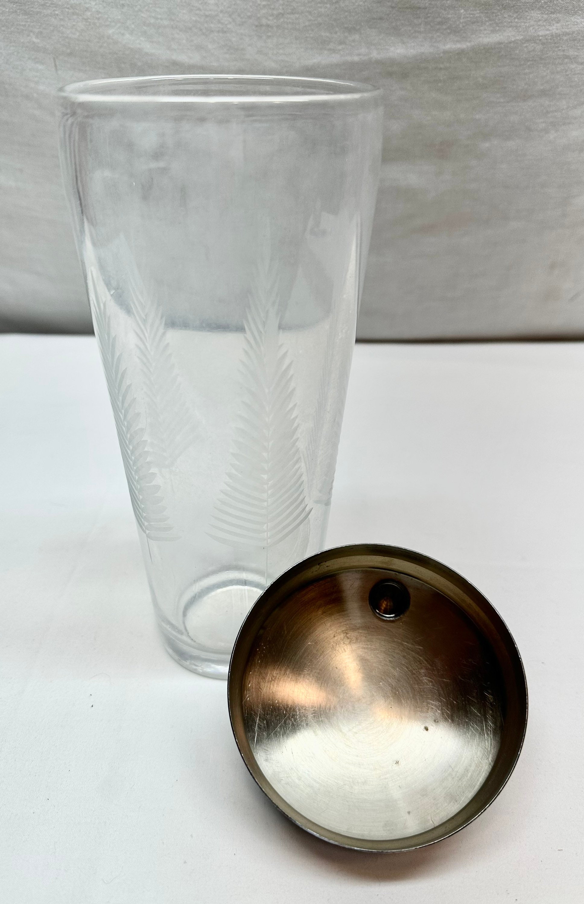 Vintage Clear Etched Glass Cocktail Shaker with Silver Lid
