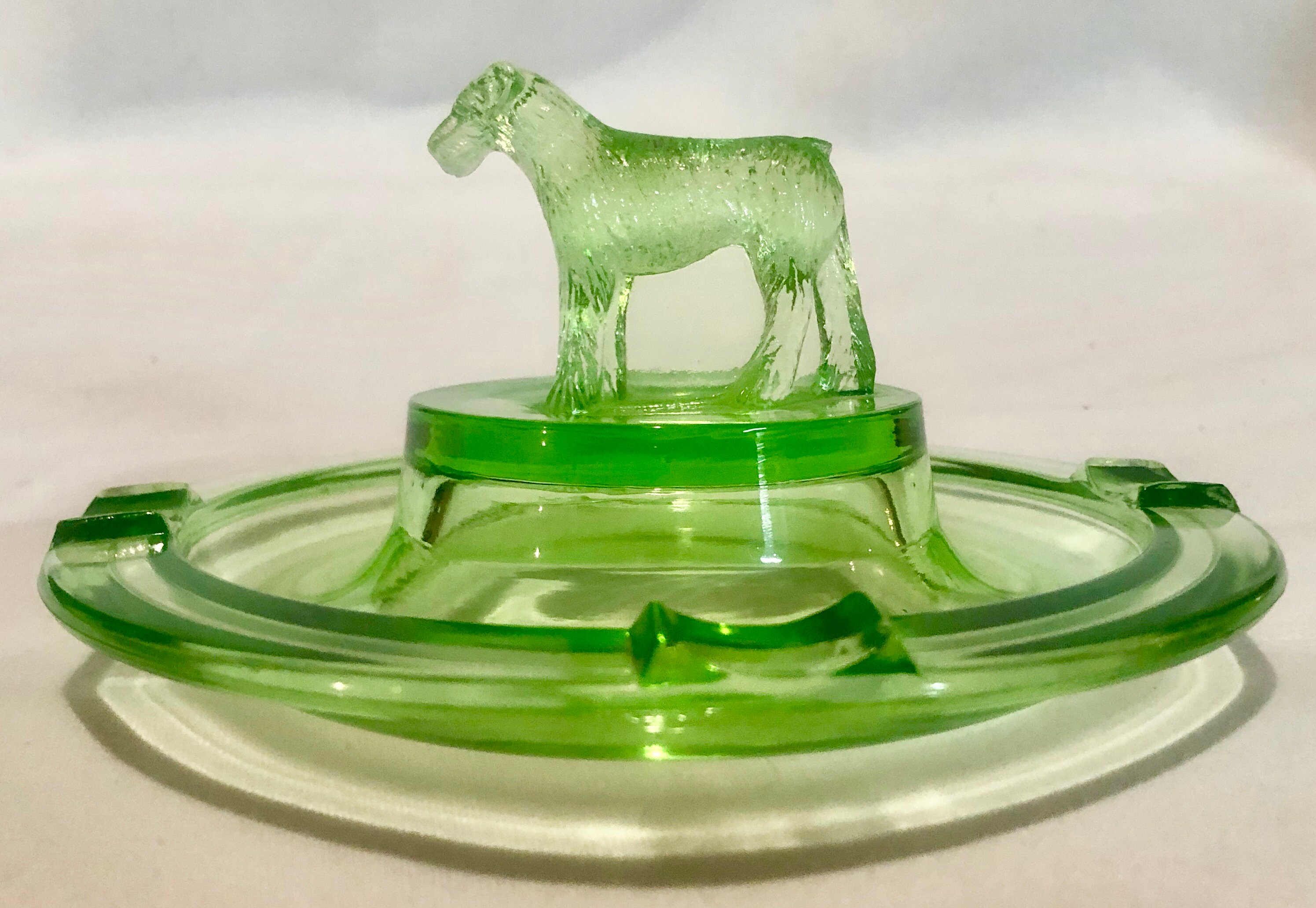 Vintage Green Vaseline/Uranium Depression Glass Terrier/Scottie Dog Ashtray